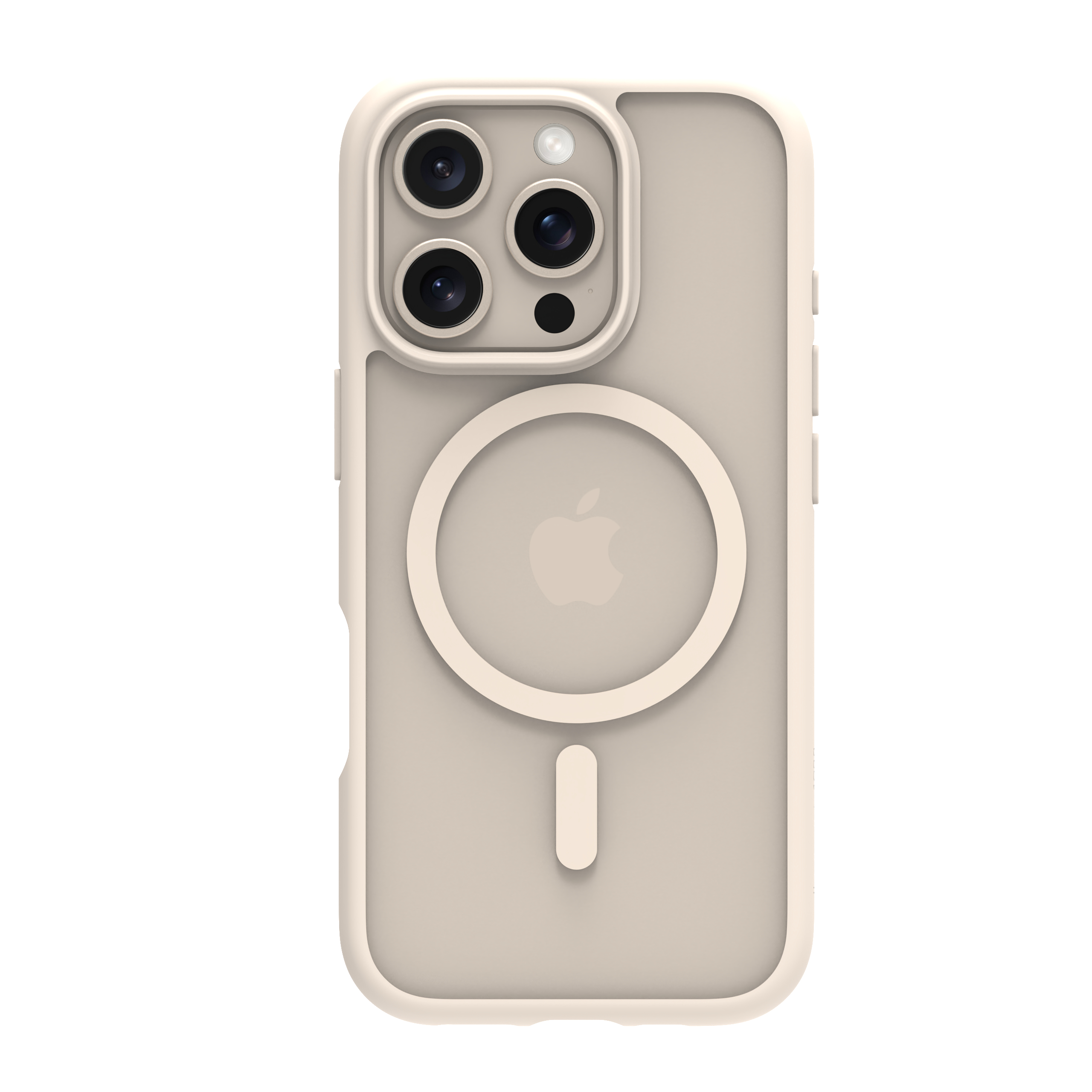 Custodia beige per telefono con ritaglio per fotocamera e anello MagSafe bianco.