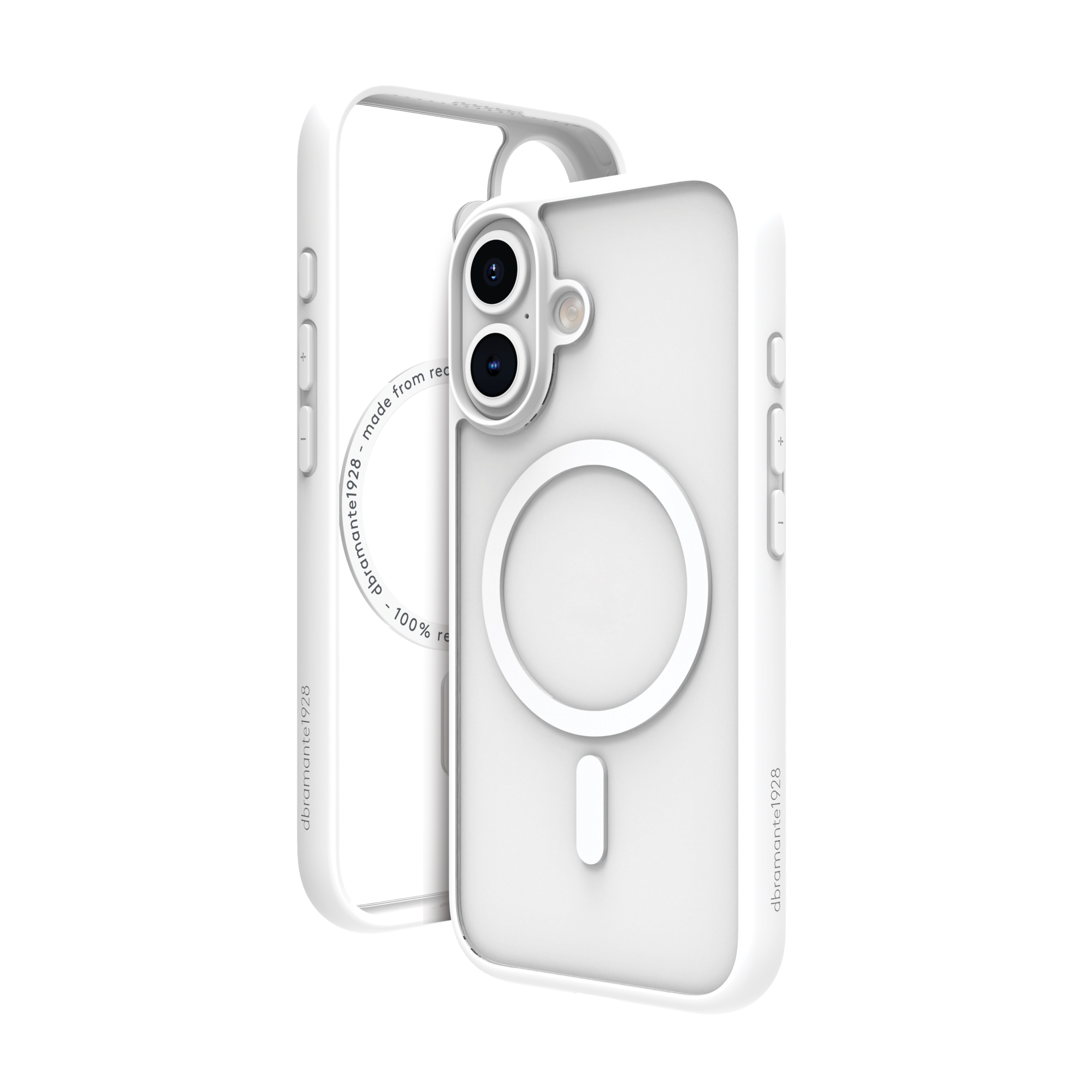 Custodia bianca per telefono aperta, che mostra un anello bianco e il telefono. Sfondo bianco.