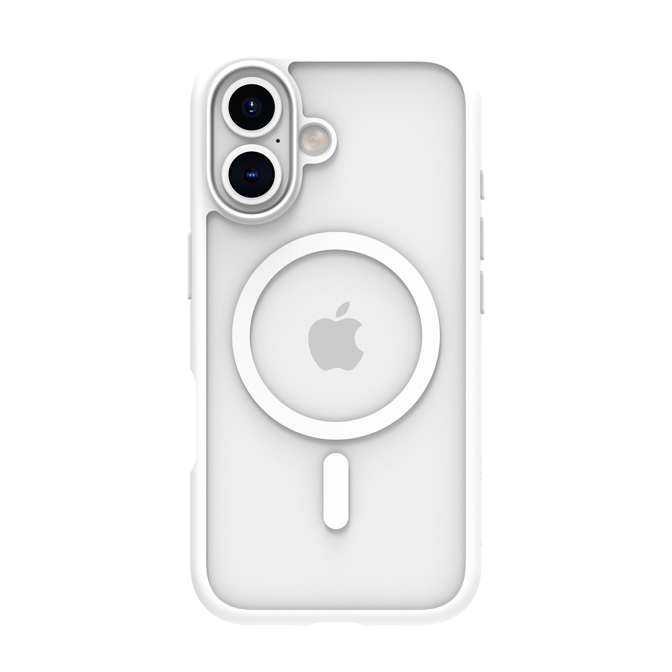 Custodia bianca per telefono con fotocamera e logo Apple. Un cerchio bianco con un simbolo meno è sul retro.