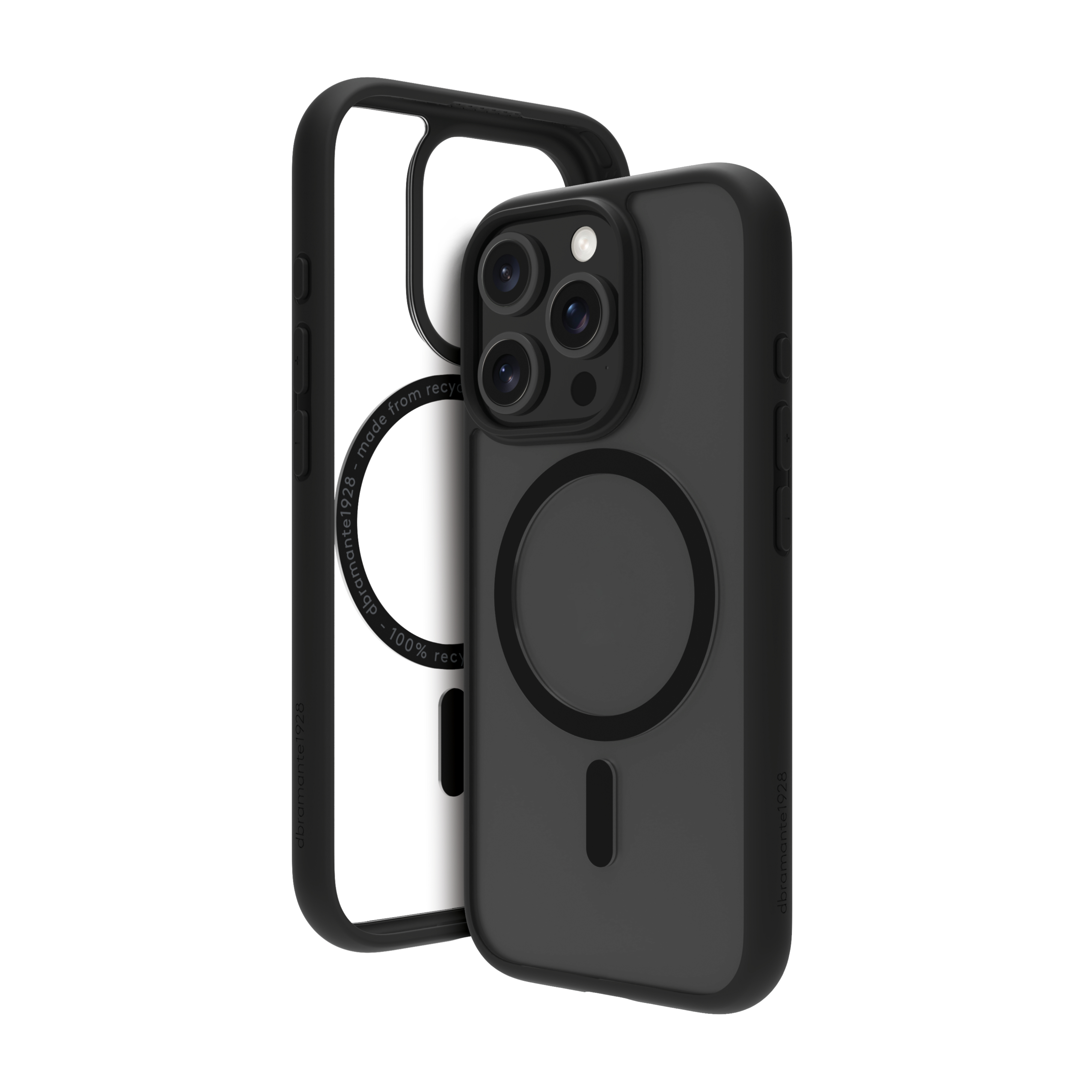 Custodia per telefono nera con retro trasparente, che mostra la fotocamera del telefono e un anello magnetico.
