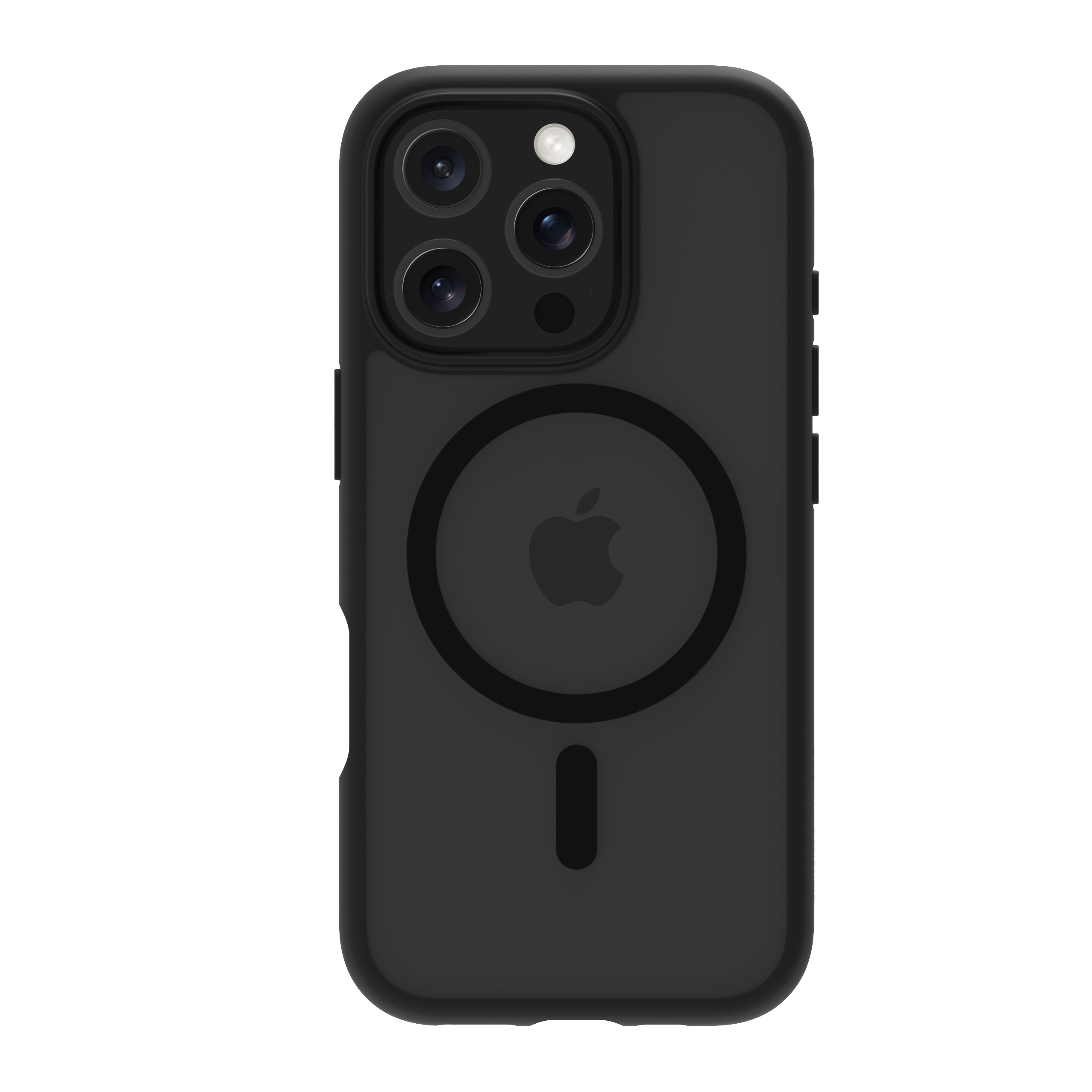Custodia per telefono nera con logo Apple centrale e magnete circolare. È presente anche un ritaglio per la porta di ricarica.