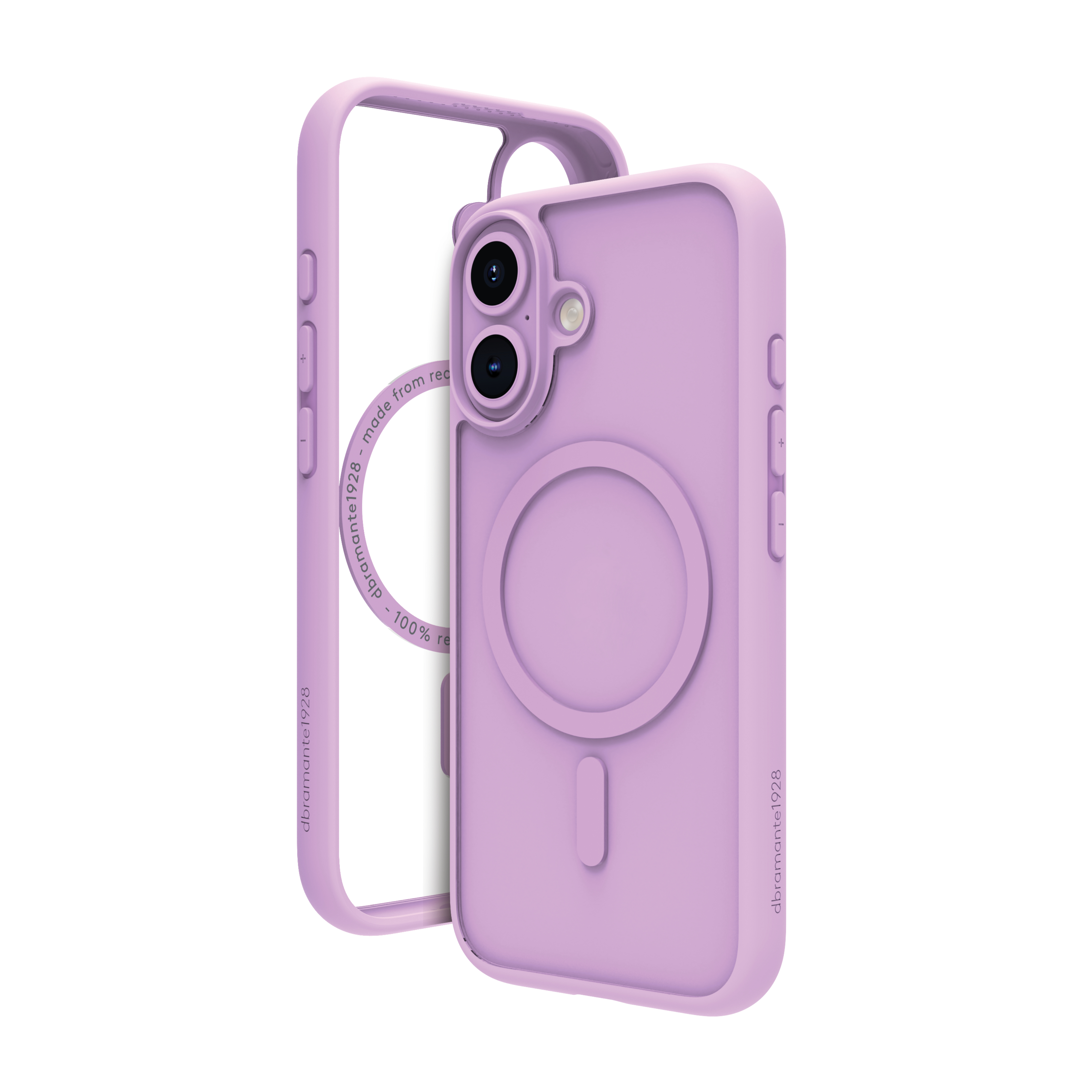 Una custodia per telefono lilla con un supporto ad anello magnetico e un retro trasparente, con la custodia separata.