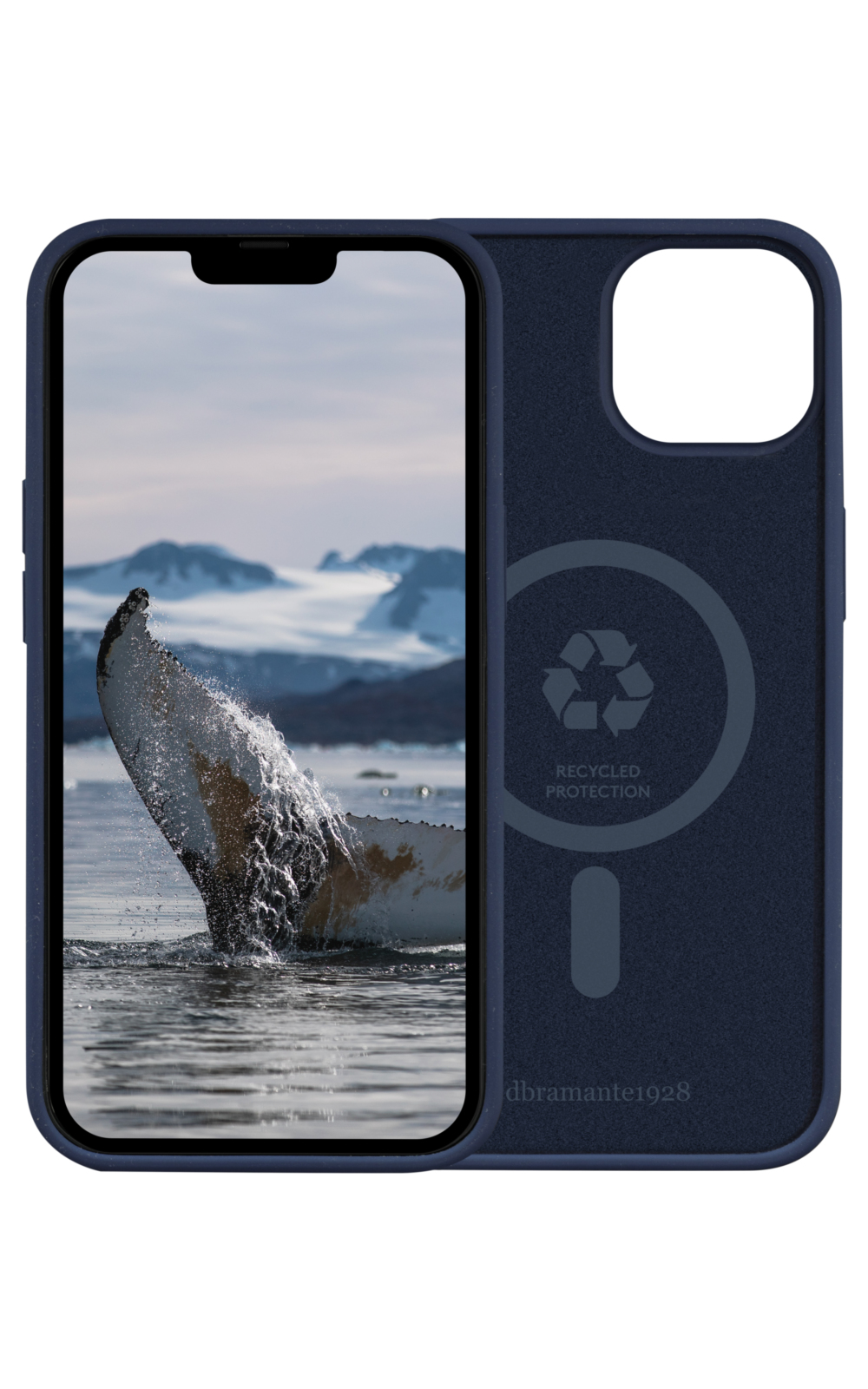 Custodia blu navy su un telefono che mostra la coda di una balena nell'acqua.