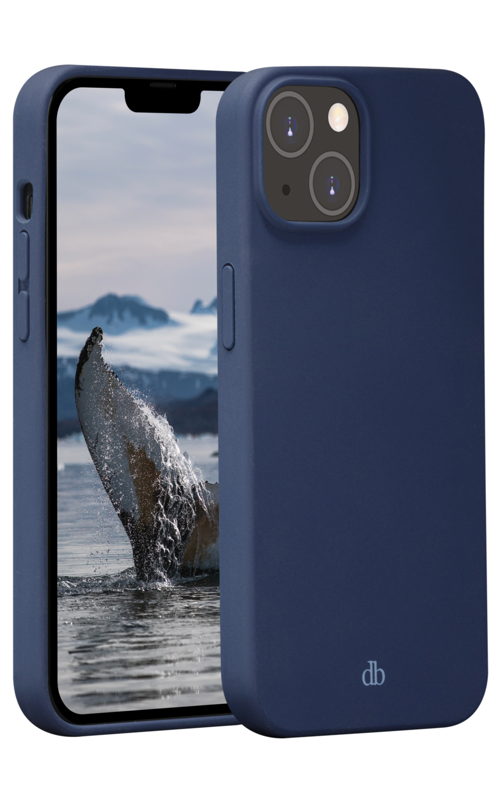 Custodia blu per telefono con un telefono all'interno, che mostra una coda di balena nell'acqua sullo schermo.