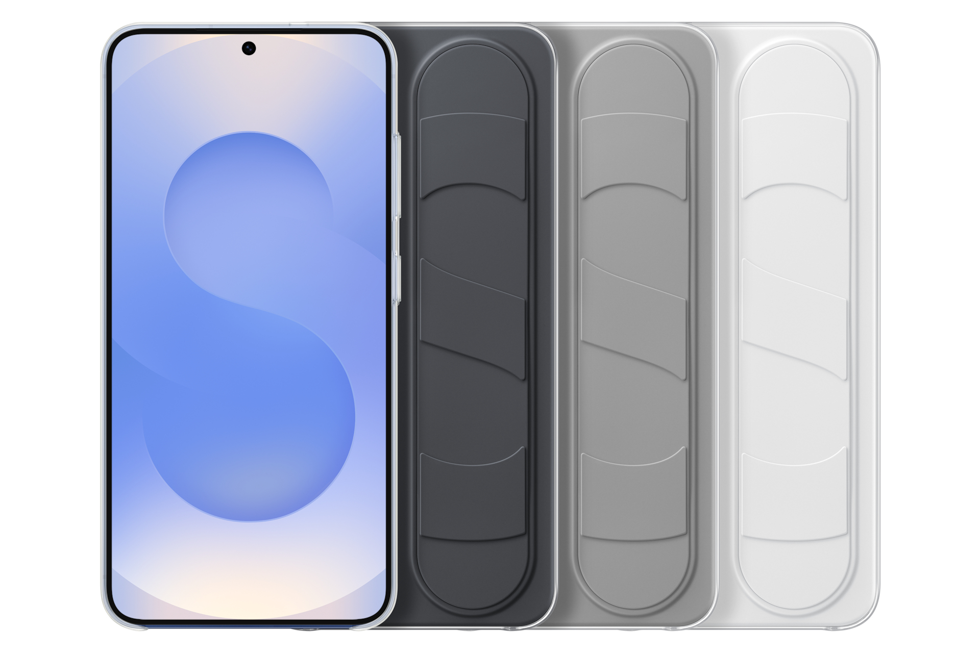 Smartphone con schermo blu e quattro custodie colorate in scala di grigi.