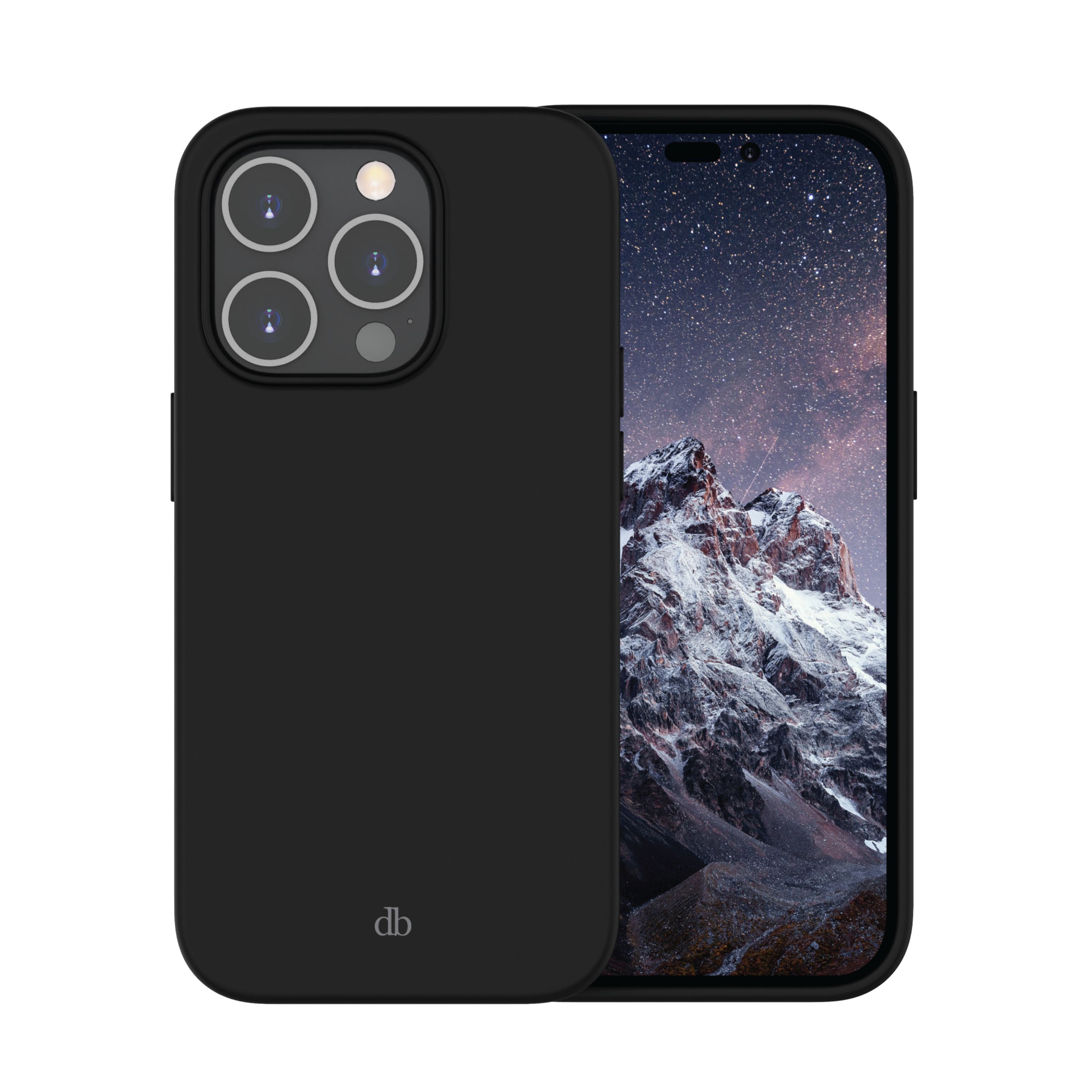 Una custodia nera per telefono, che mostra la fotocamera e lo schermo del telefono con uno sfondo stellato.