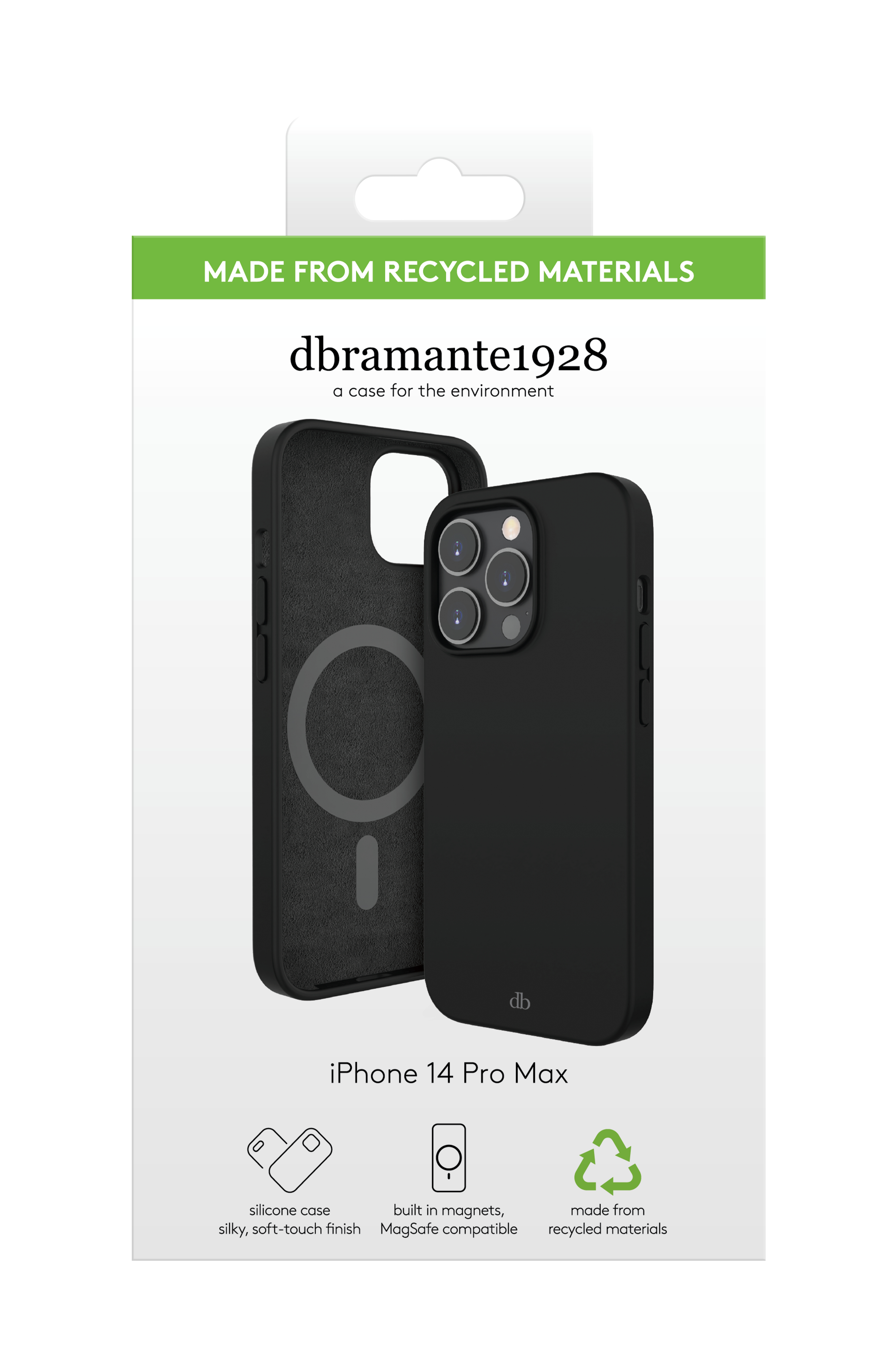Una scatola per custodia del telefono con una custodia nera all'interno. Include un'immagine del telefono e testo.