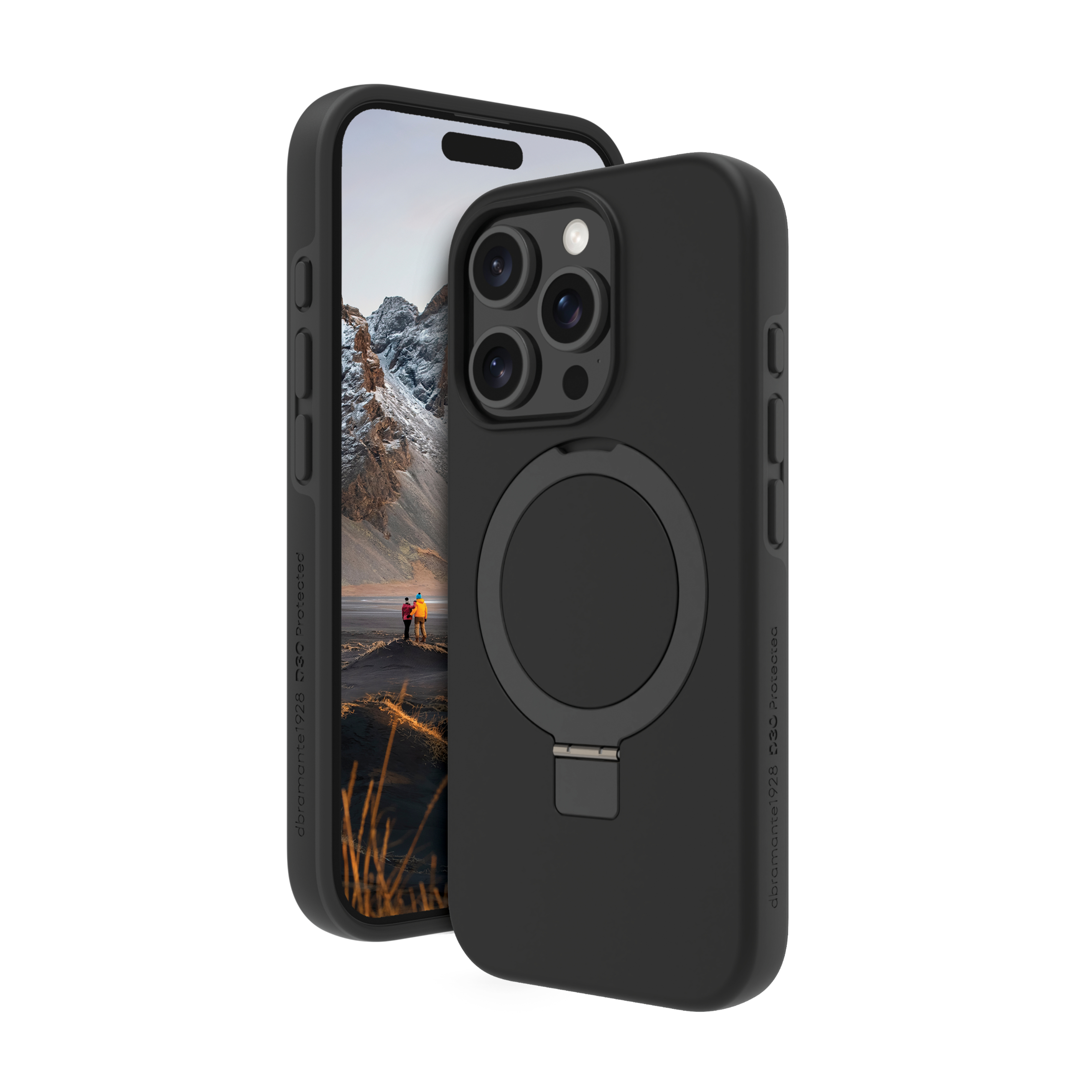 Custodia per telefono nera con anello magnetico e un telefono accanto. La custodia è per un telefono.