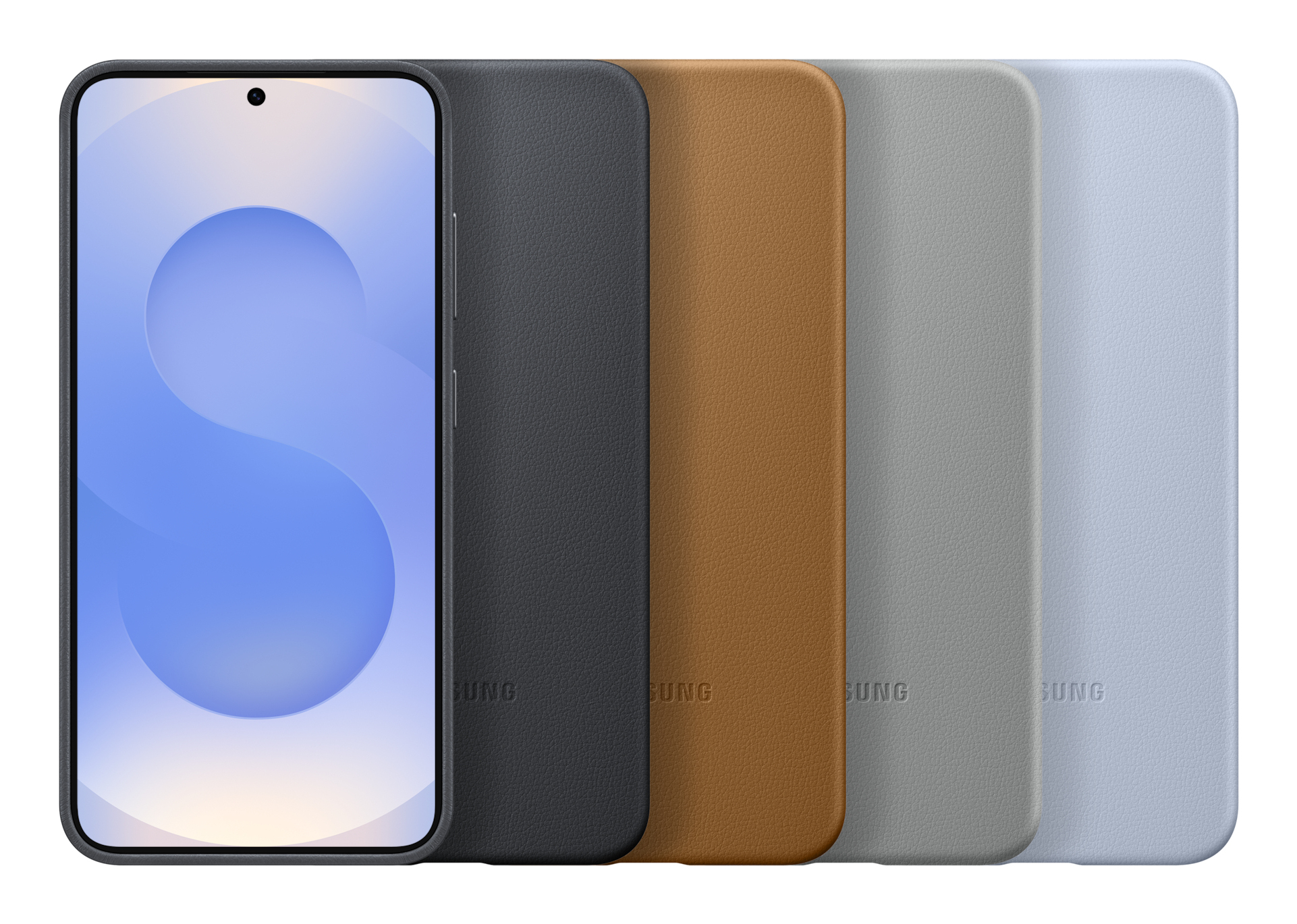 Smartfon obok pięciu etui w kolorach czarnym, ciemnoszarym, brązowym, szarym i błękitnym.