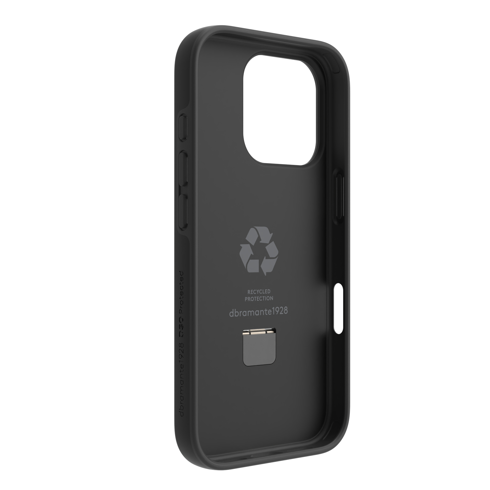 Interno della custodia nera del telefono. Testo protezione riciclata e un logo.