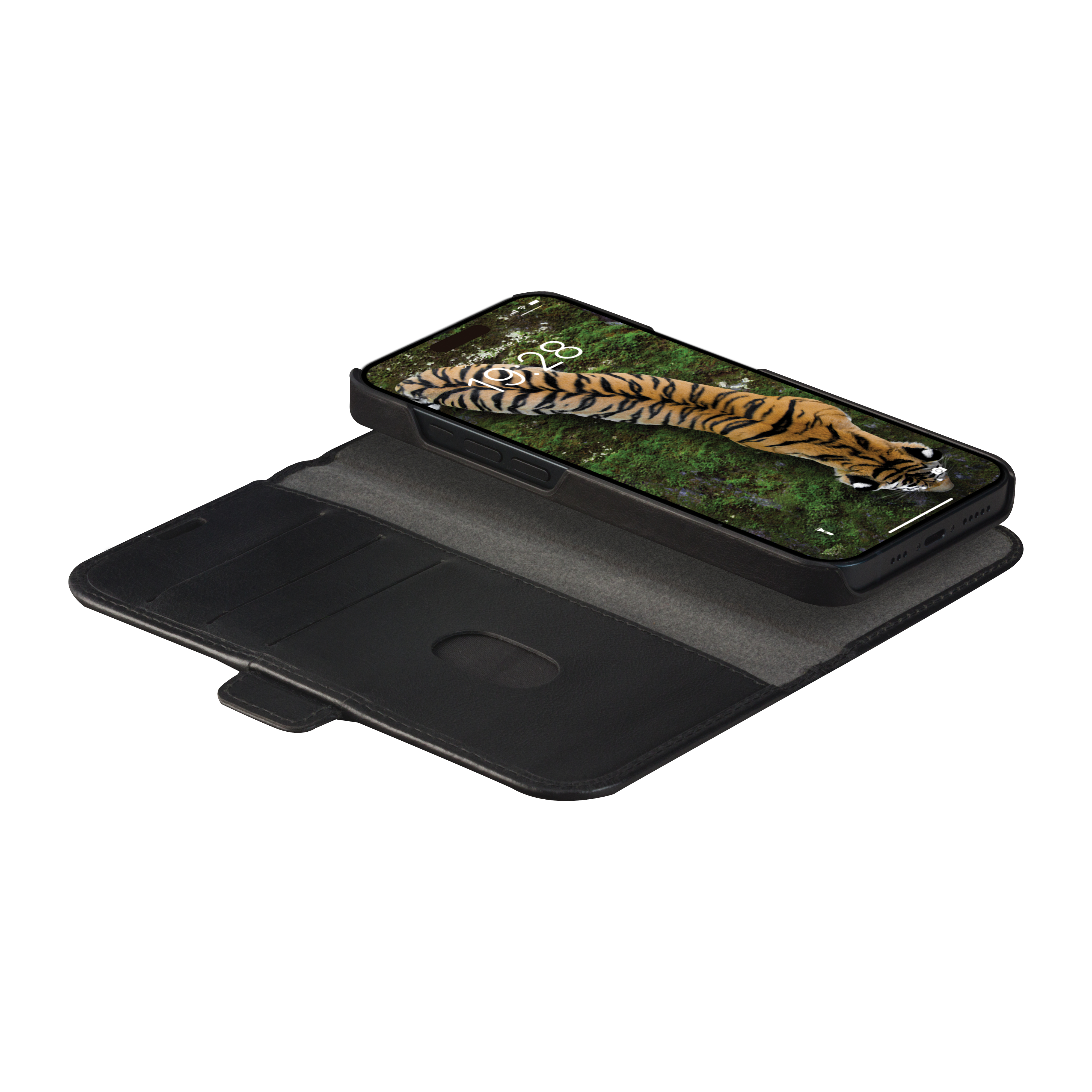 Eine schwarze Handyhülle mit einem Telefon, das ein Tigerbild zeigt, geöffnet, um Kartenfächer zu zeigen.