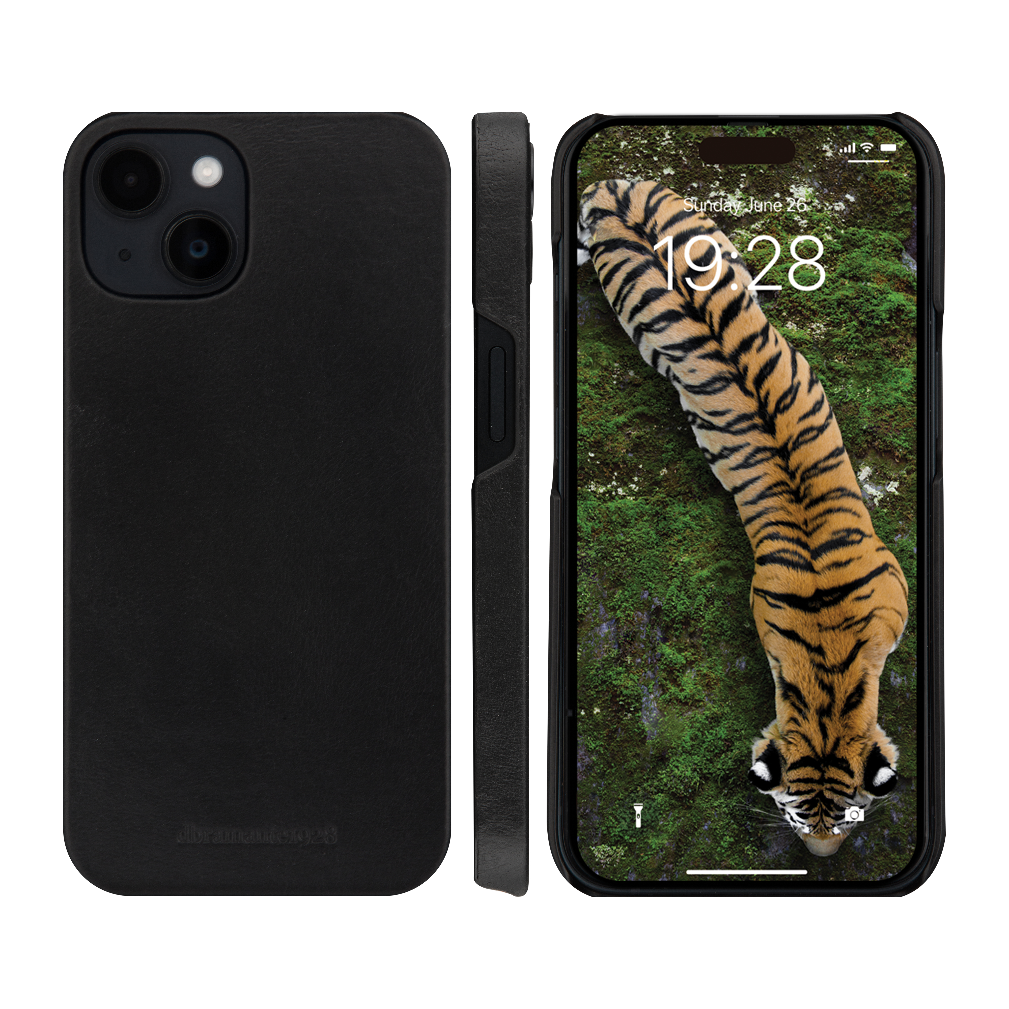 Schwarze Handyhülle mit Tigerbild auf dem Bildschirm. Die Hülle ist links und das Telefon rechts.