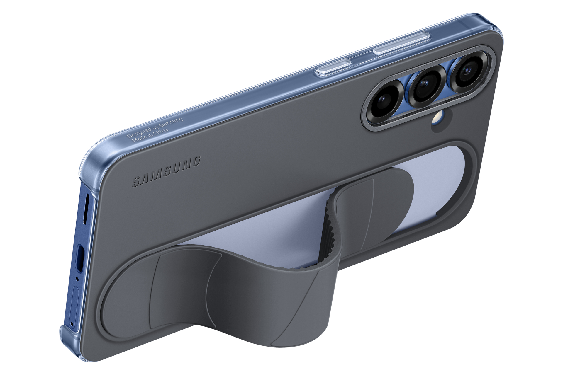 Una custodia grigia per telefono con supporto. Logo Samsung sulla custodia. Il telefono ha tre fotocamere.