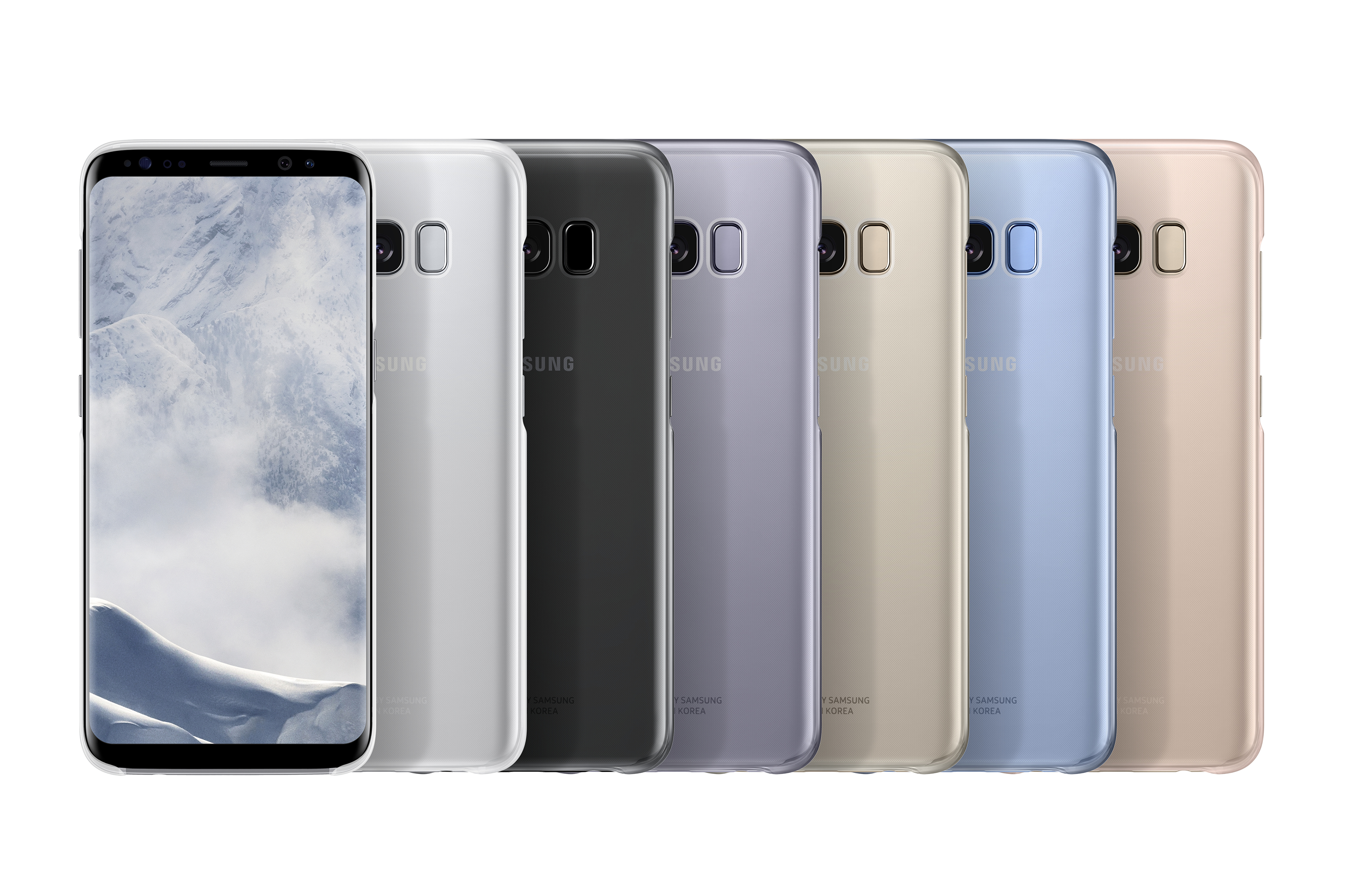 Sei smartphone in fila, ognuno con colori diversi. Quello a sinistra ha uno sfondo di montagna innevata.