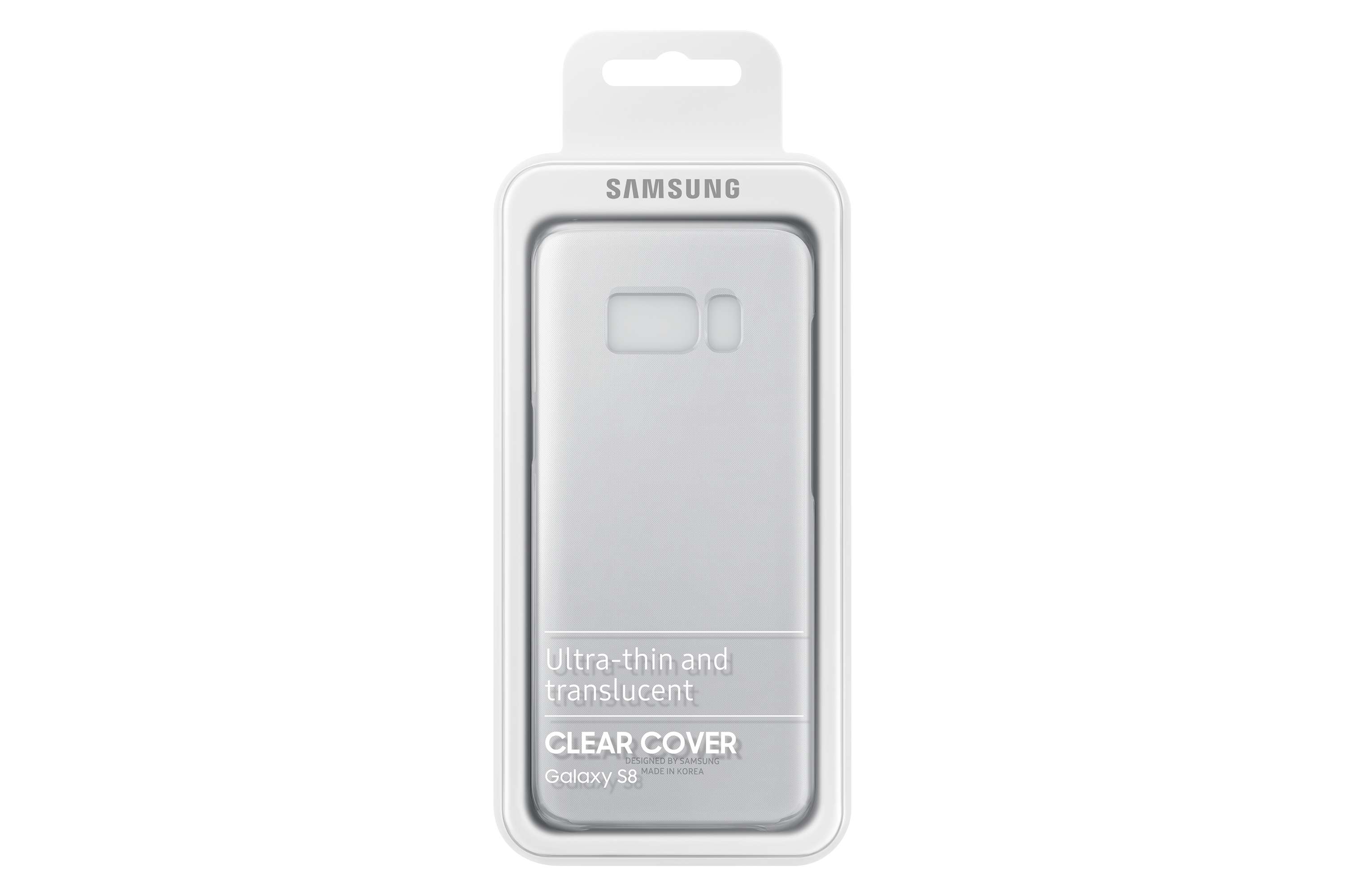 Custodia trasparente Samsung Galaxy S8 in confezione bianca con dettagli del prodotto.