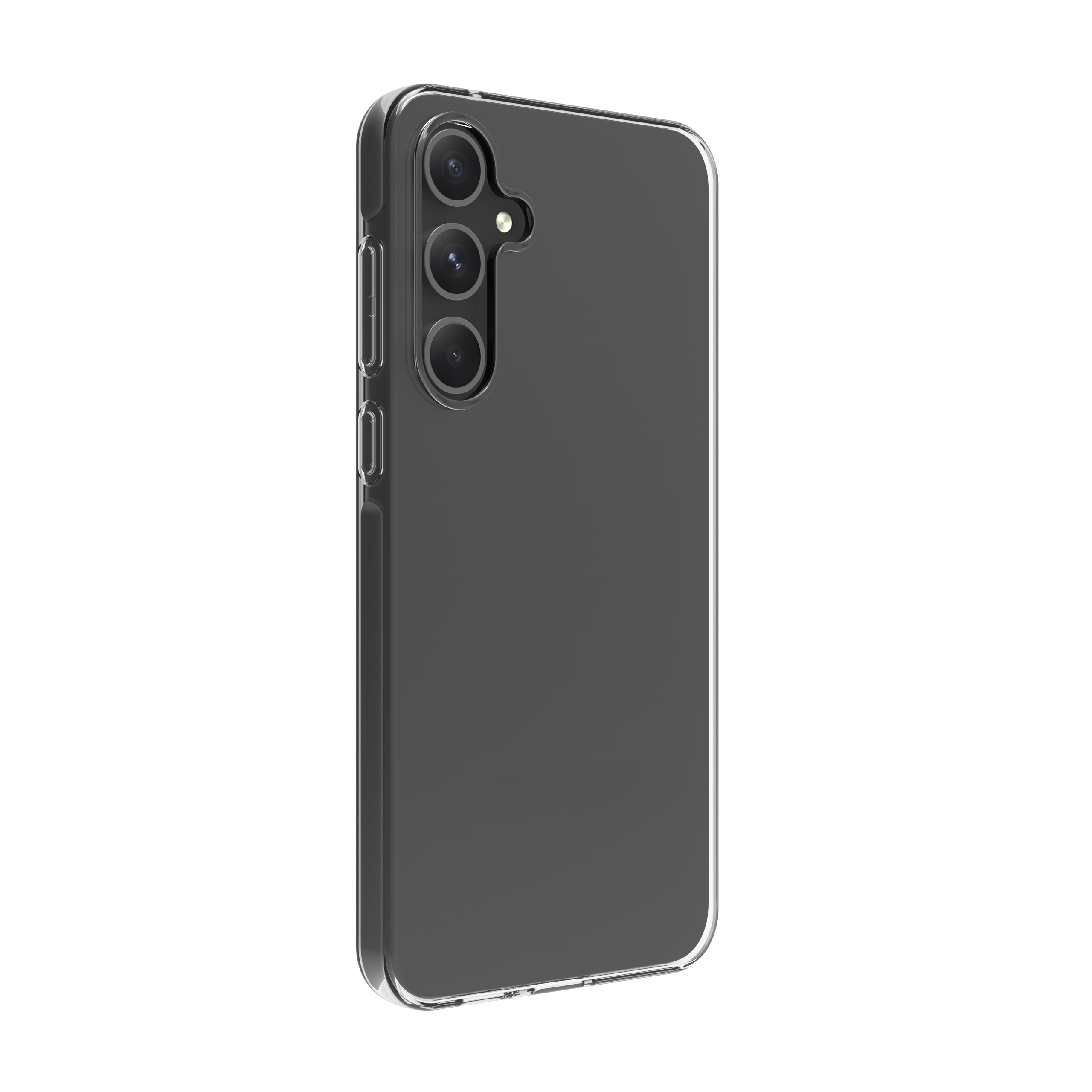Transparente Handyhülle auf einem grauen Telefon. Die Hülle hat einen Kameraausschnitt.