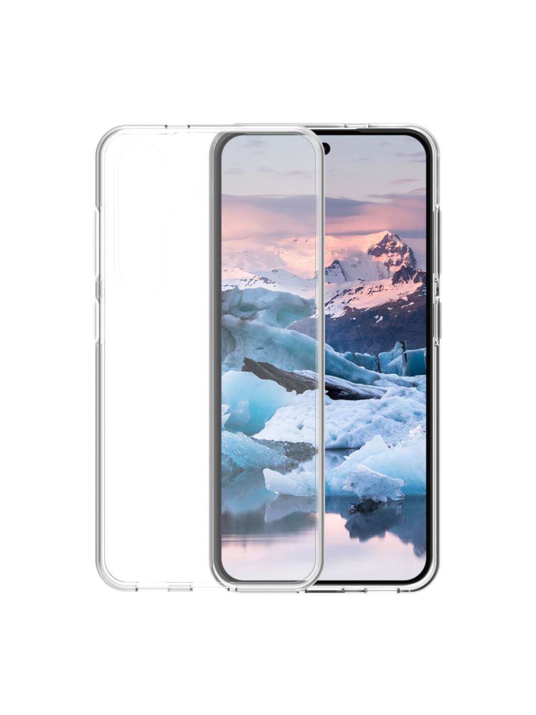 Smartphone con protezione schermo. Visualizza un'immagine panoramica di iceberg e montagne.