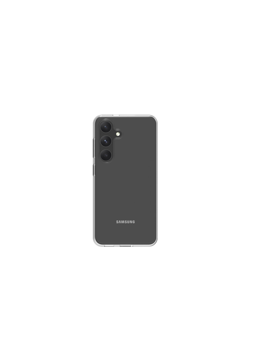Custodia trasparente per telefono con ritagli per la fotocamera. Sfondo bianco.
