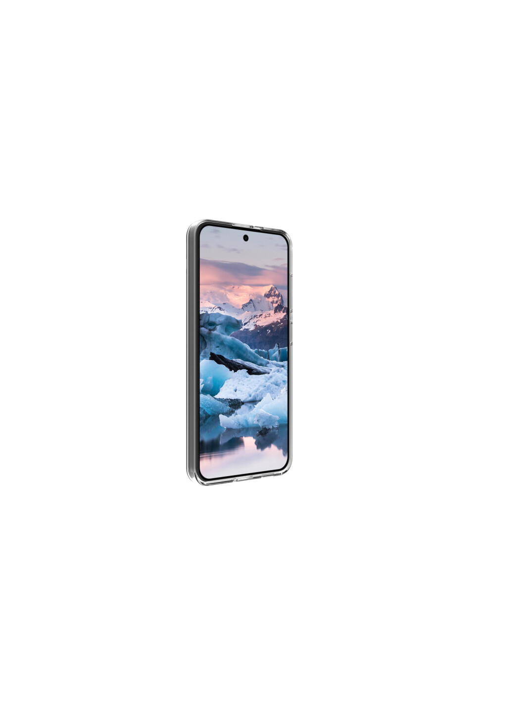 Un telefono in una custodia trasparente, che mostra un'immagine di paesaggio di una montagna e acqua.