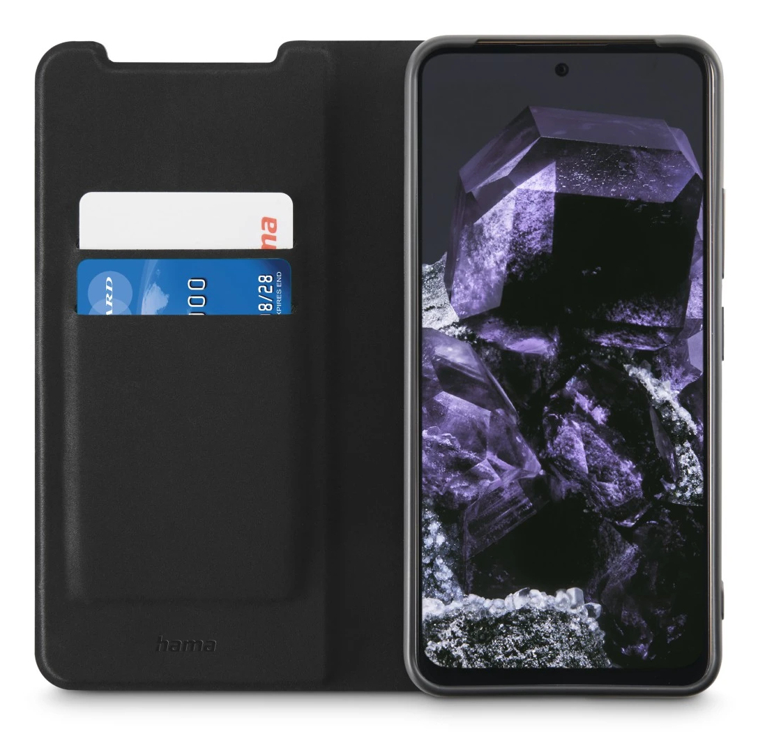 Custodia per telefono nera con telefono dentro. La custodia ha fessure per carte.
