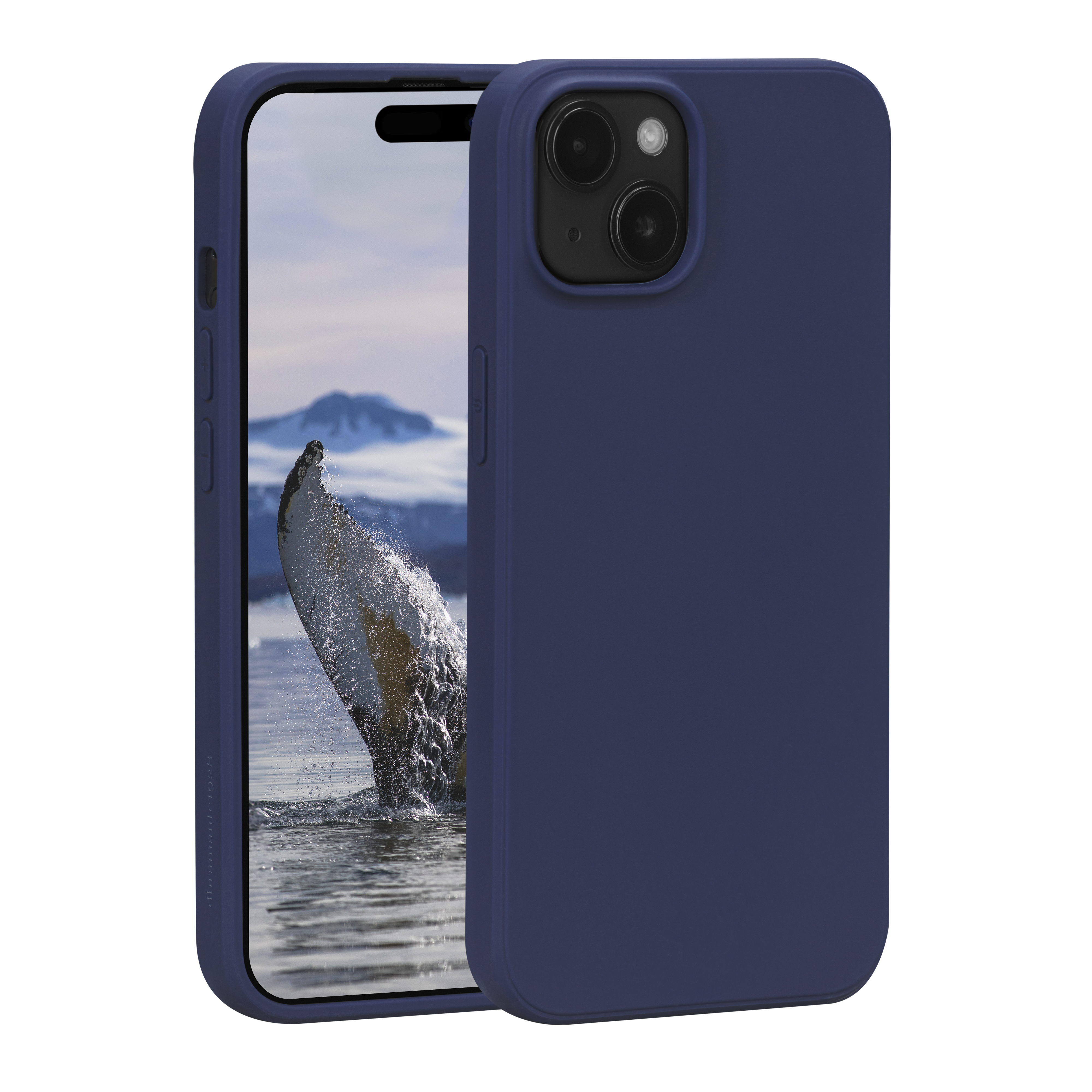 Coque de téléphone bleue sur un téléphone, avec une baleine sortant de l'eau en arrière-plan.