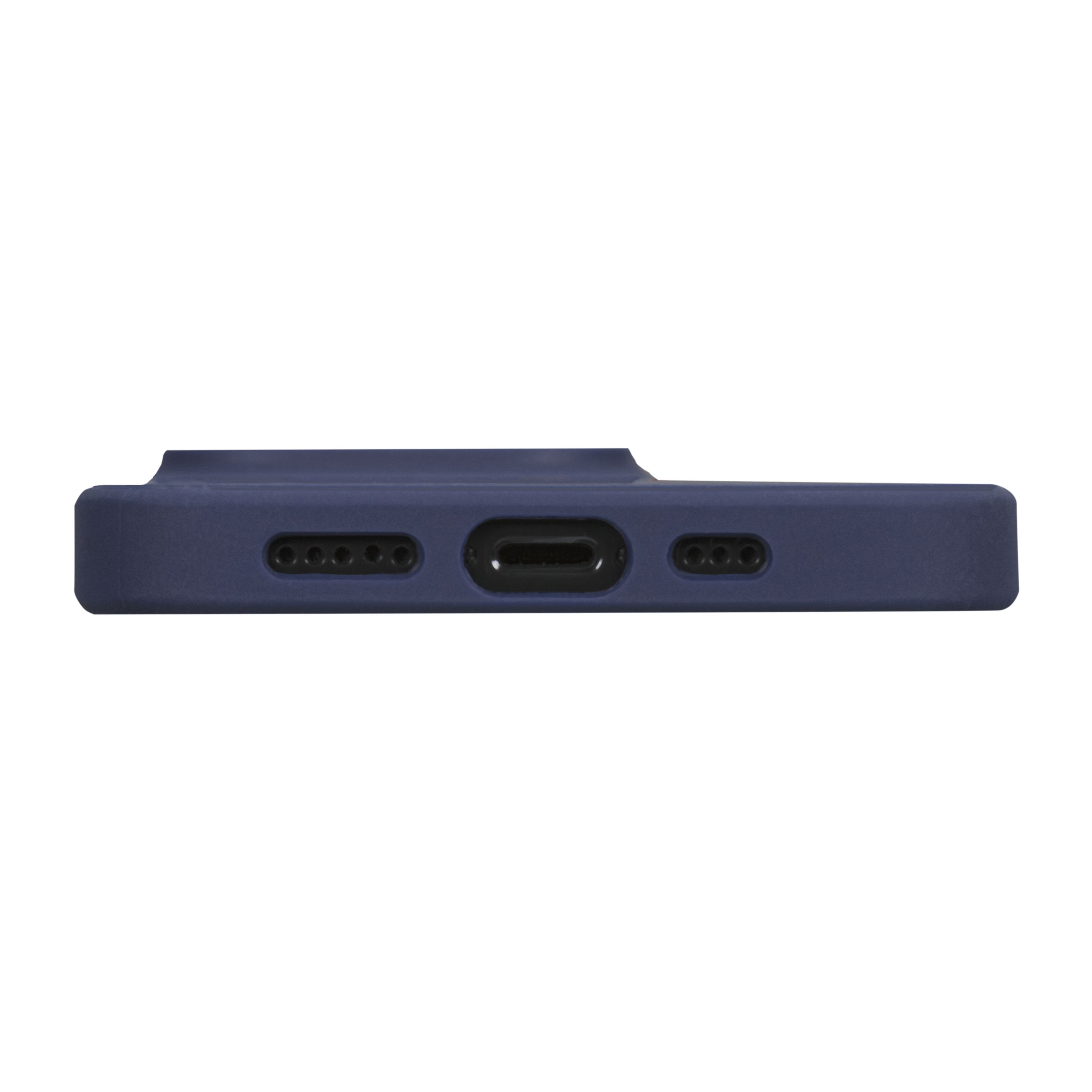 Vue de dessous d'une coque de téléphone bleu foncé. Elle a des découpes pour les ports et les haut-parleurs.