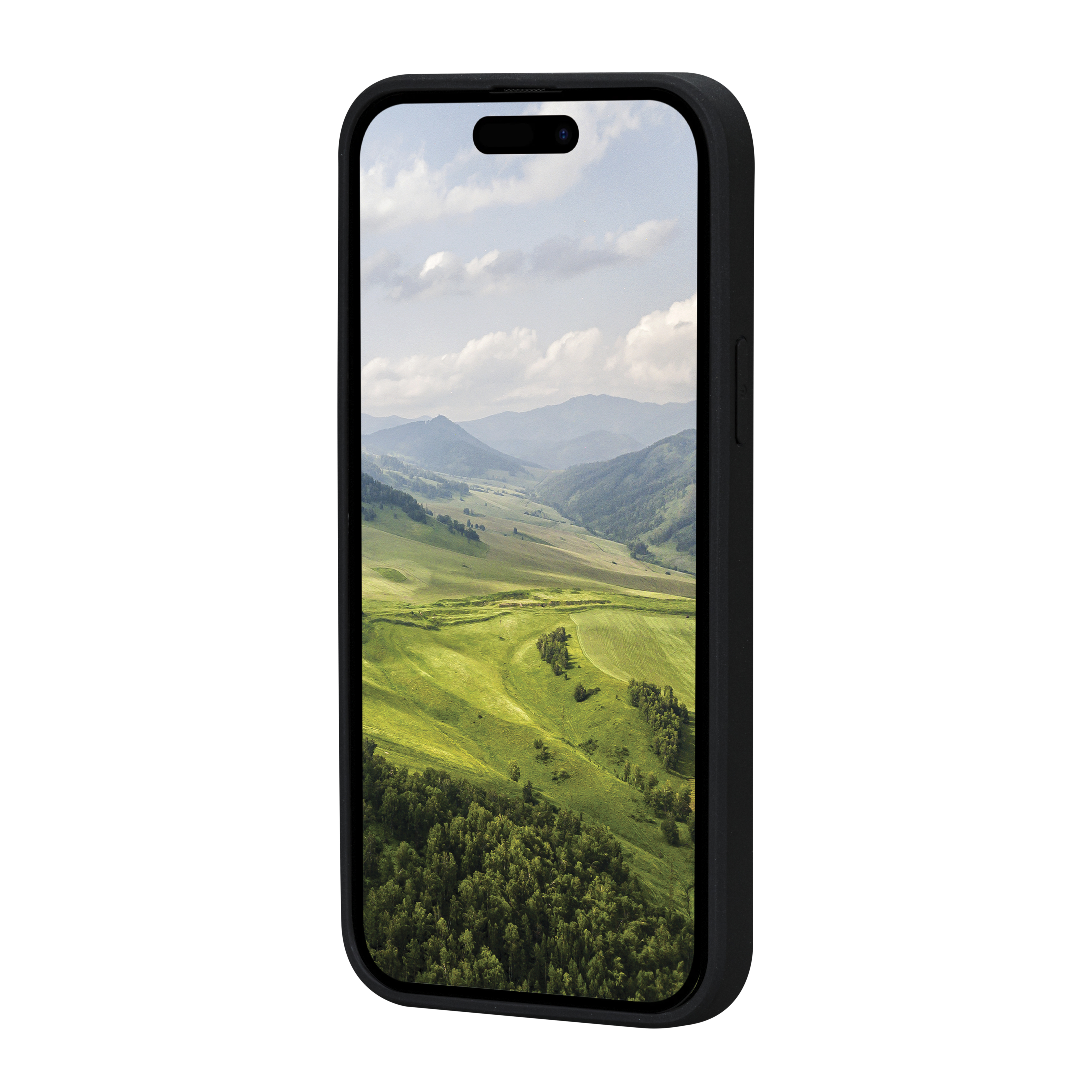Schwarze Handyhülle mit Handy, das grünes Feld und Berge zeigt.