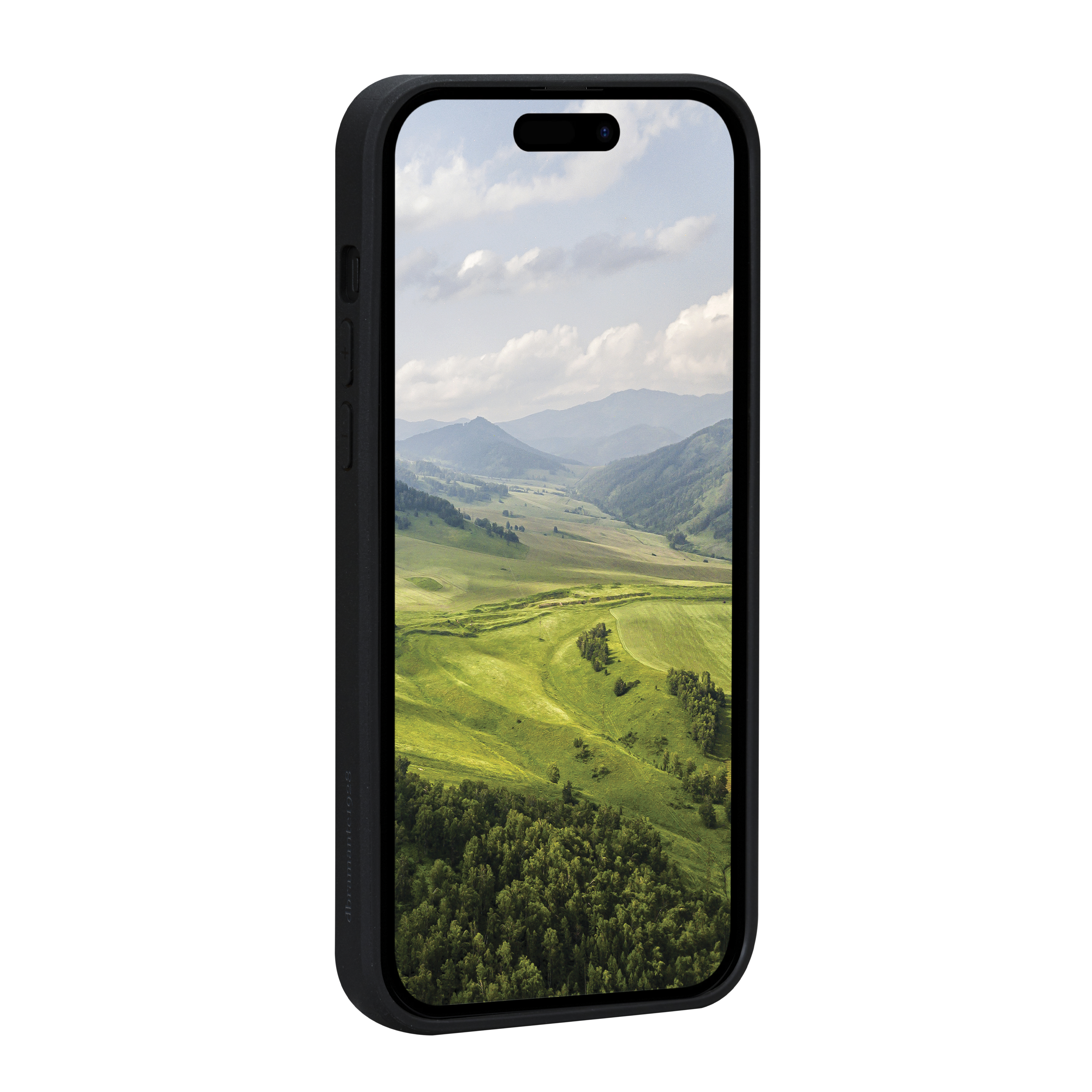 Ein schwarzes Telefon in einer Hülle mit einer Landschaftsansicht von Bergen, Wald und Himmel.