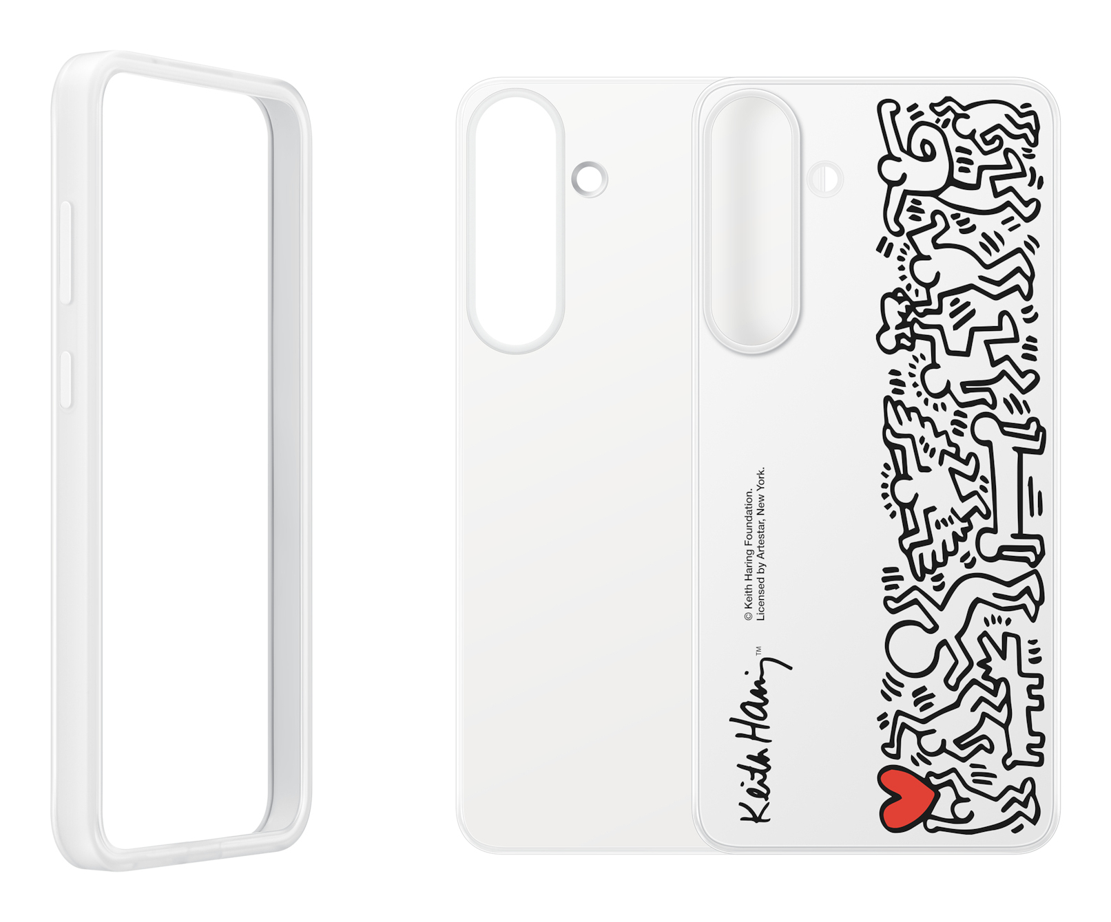 Funda de teléfono con marco blanco y diseño de Keith Haring en la parte trasera, con un corazón rojo.