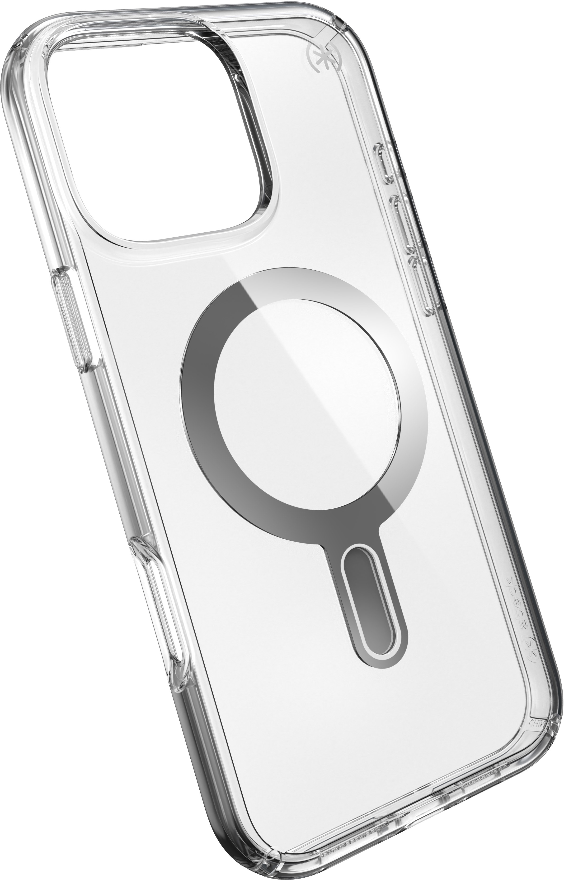 Custodia trasparente per telefono con design a cerchio magnetico e una custodia trasparente. Sfondo bianco.