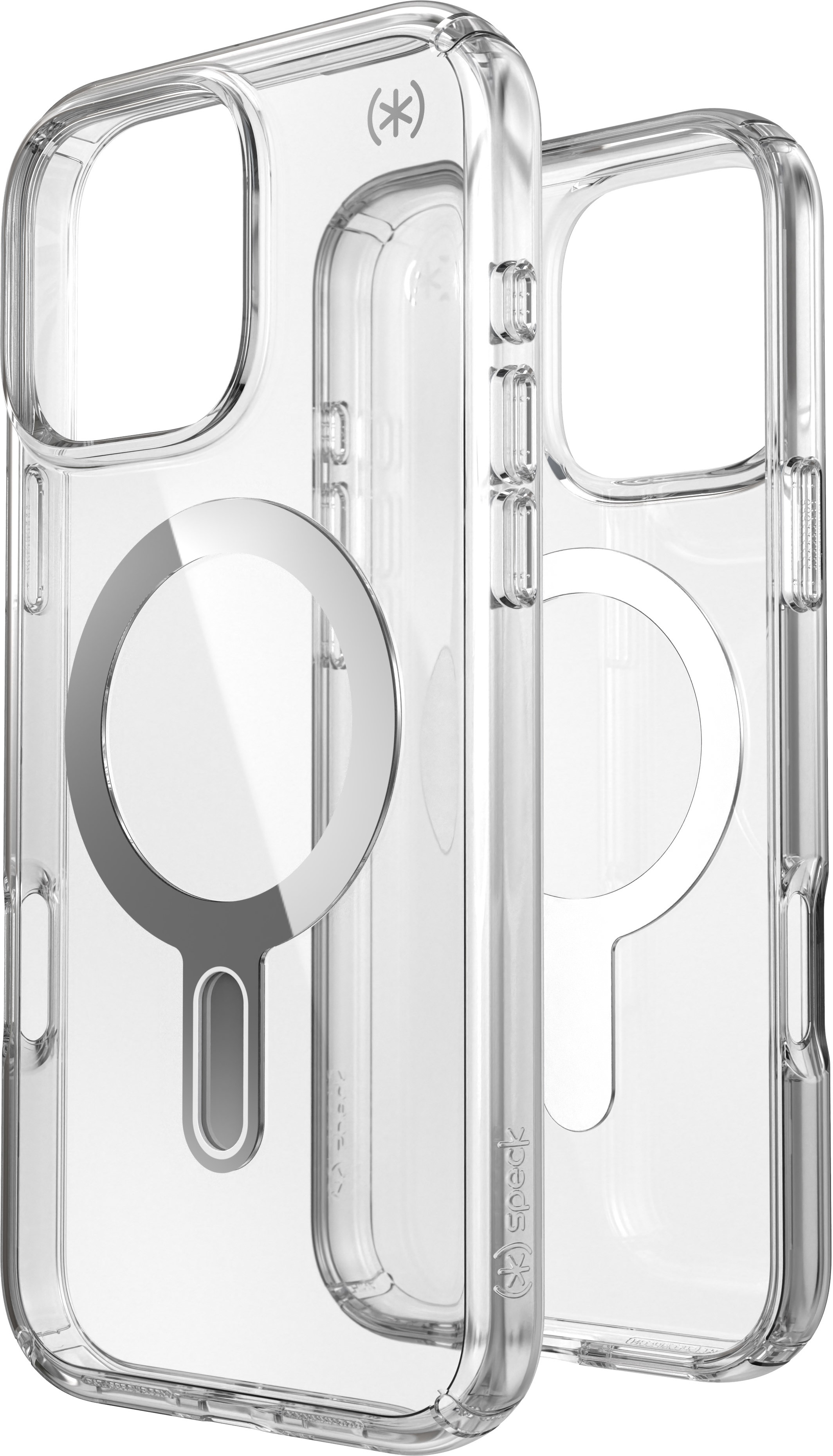 Due custodie trasparenti per iPhone, con cerchio MagSafe, su sfondo bianco.