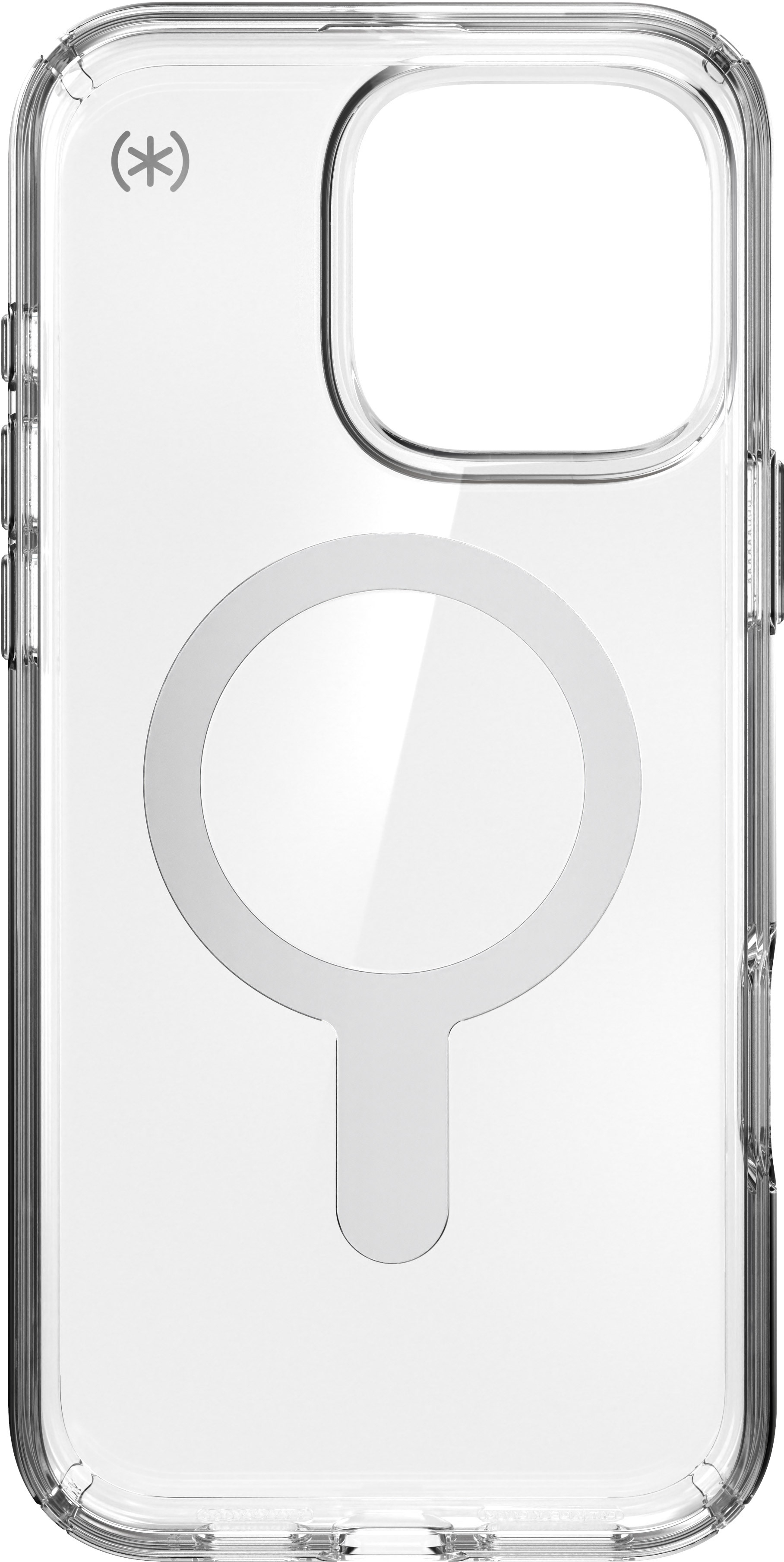 Custodia trasparente per telefono con design a cerchio bianco, vista posteriore.