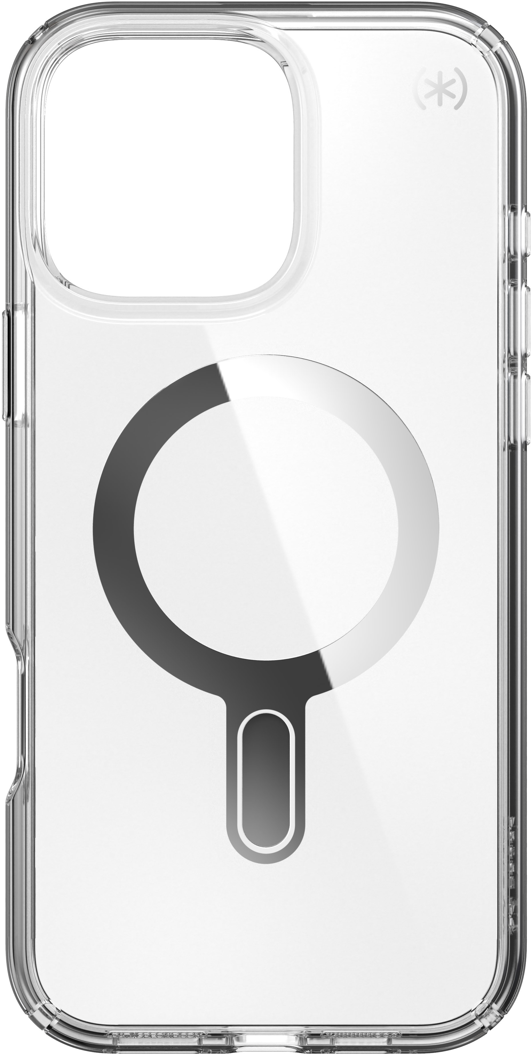 Custodia trasparente con anello magnetico e telefono all'interno. Sfondo bianco.