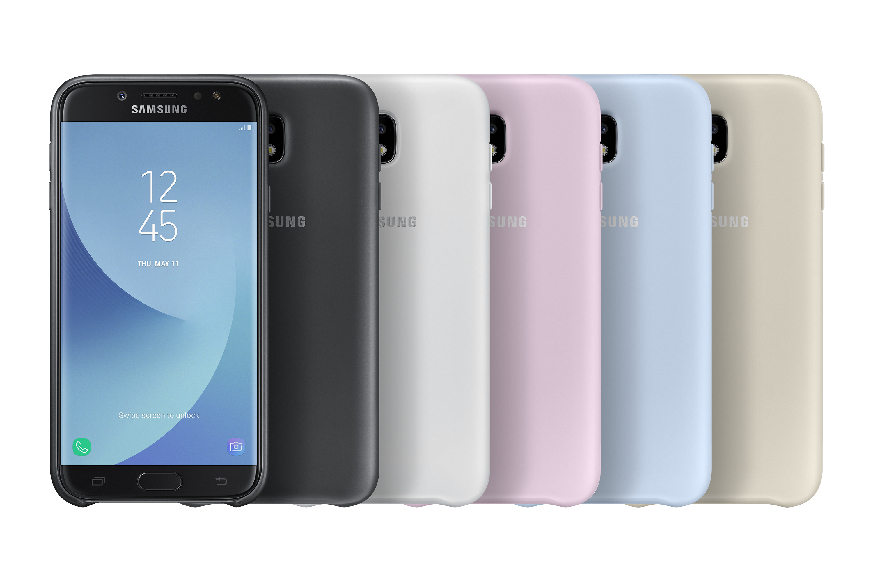 Smartphones dans des étuis de différentes couleurs alignés, l'un affichant l'heure et la date.
