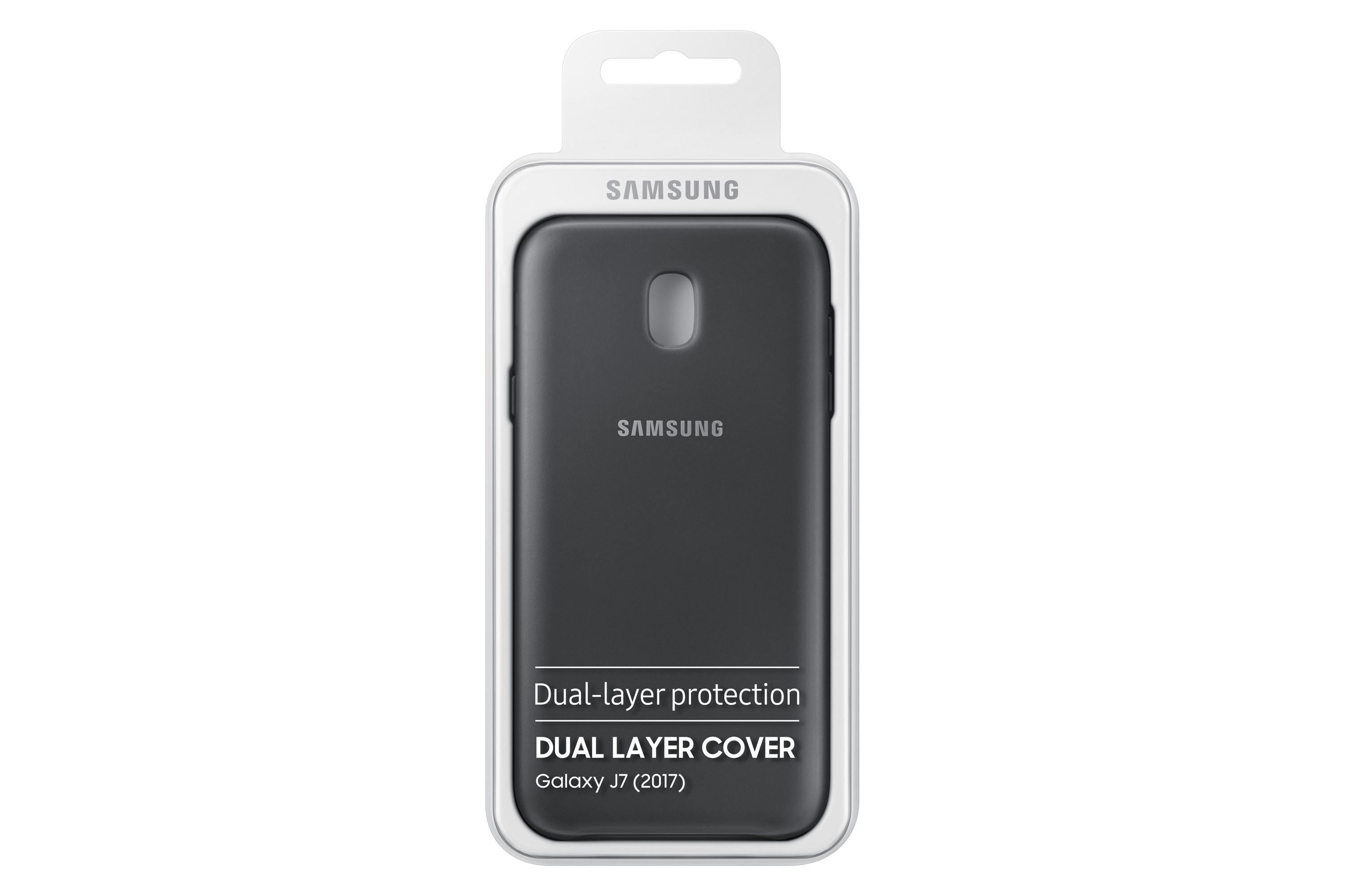 Coque double couche noire pour Samsung Galaxy J7 (2017). L'emballage montre la coque dans un étui transparent.