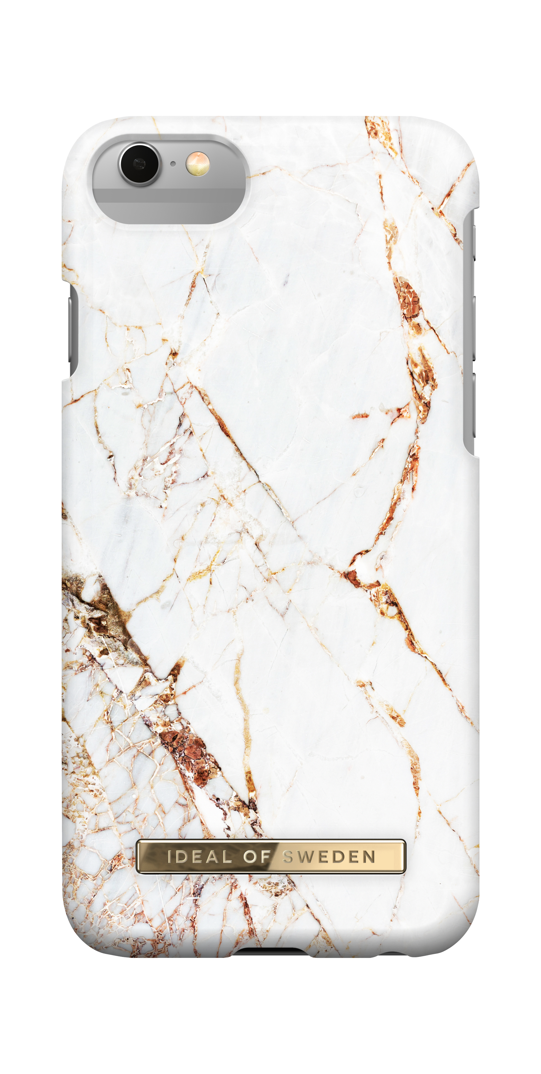 Eine weiße Handyhülle mit Marmorstruktur und Goldadern. Sie hat ein goldenes Logo.