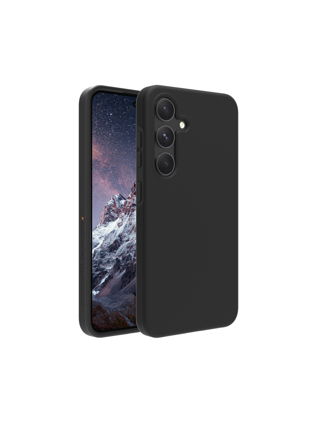 Smartphone nero in una custodia nera. Il telefono ha tre fotocamere sul retro.