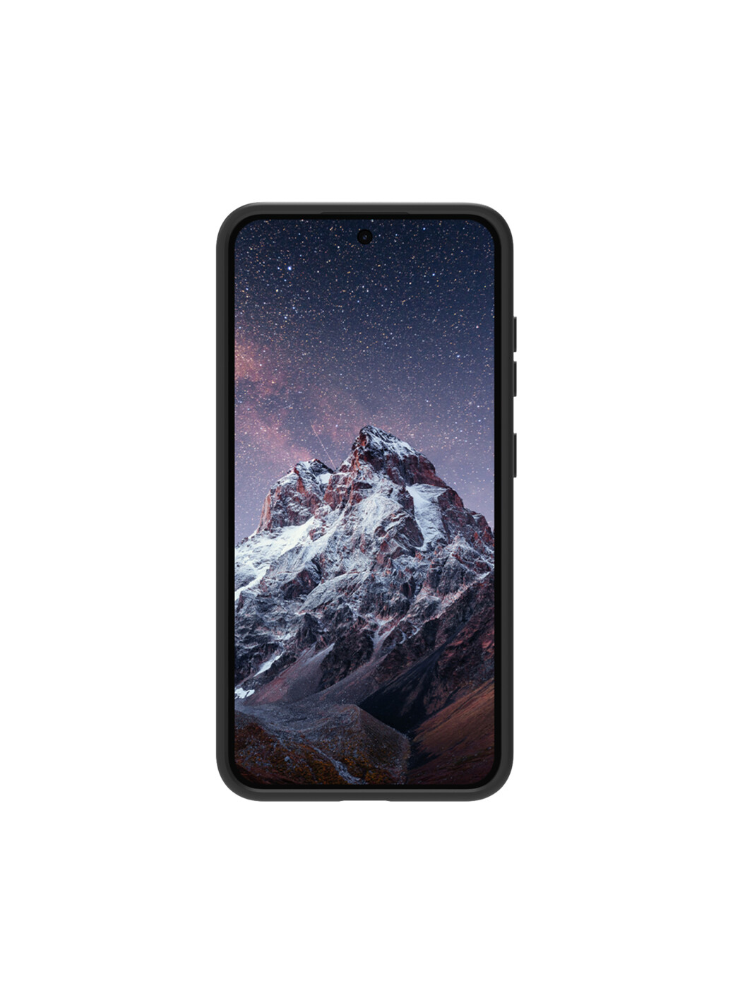 Telefono che mostra montagne innevate e cielo stellato, in una custodia nera.
