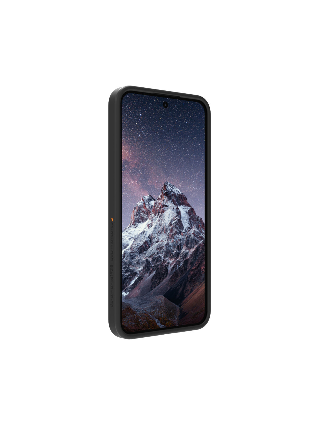 Smartphone in una custodia nera, che mostra una scena di montagna. Sfondo bianco.