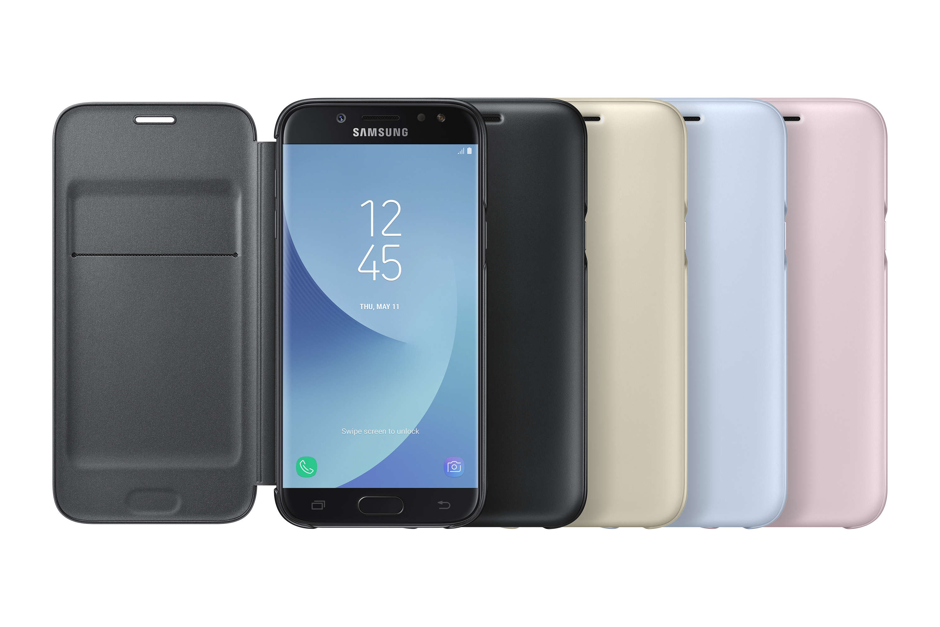 Múltiples fundas Samsung y un teléfono mostrando la hora.