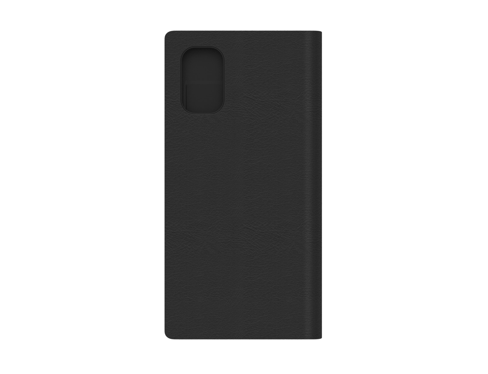 Custodia per telefono nera con ritaglio per fotocamera, chiusa, su sfondo bianco.