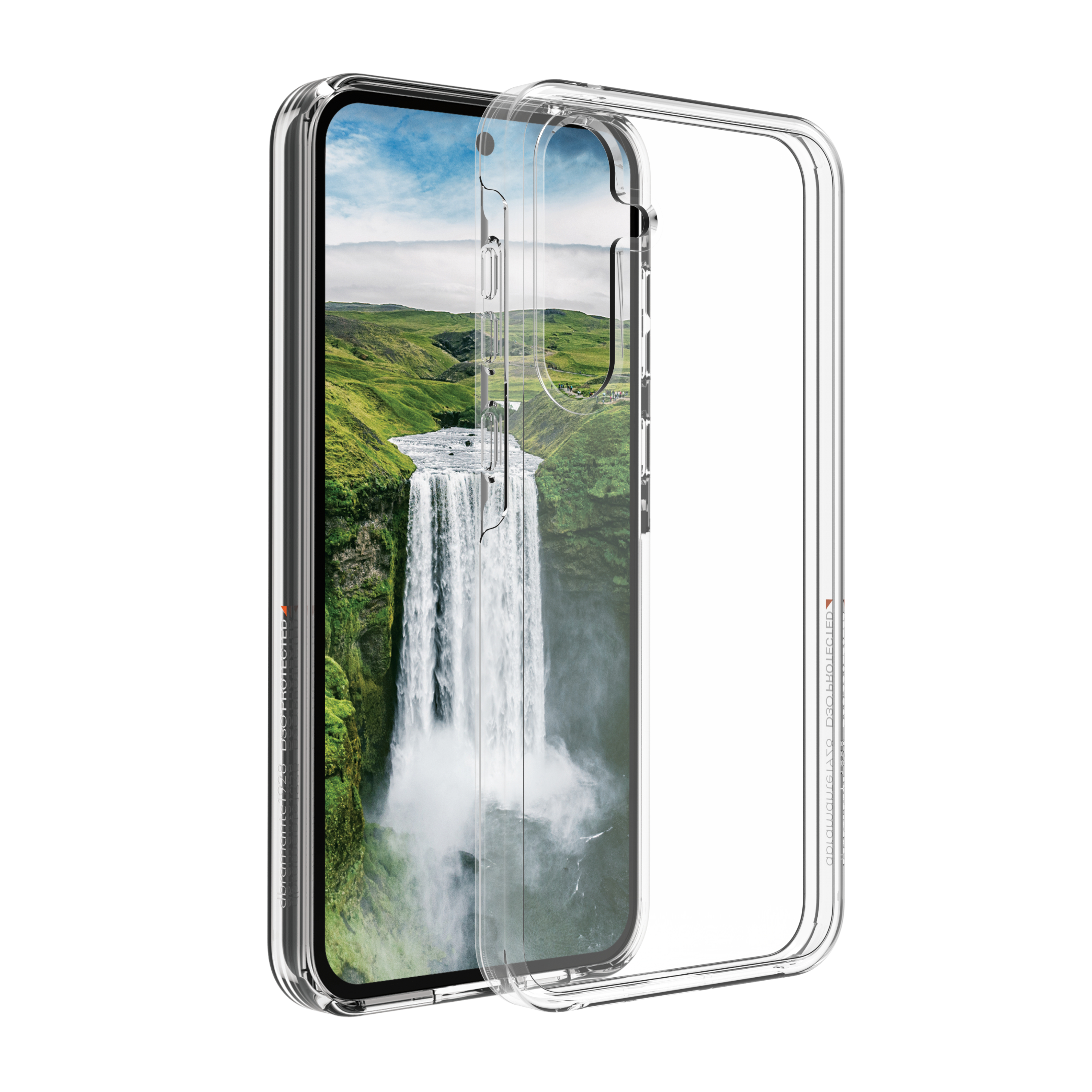 Un telefono in una custodia trasparente, che mostra un paesaggio di cascate.
