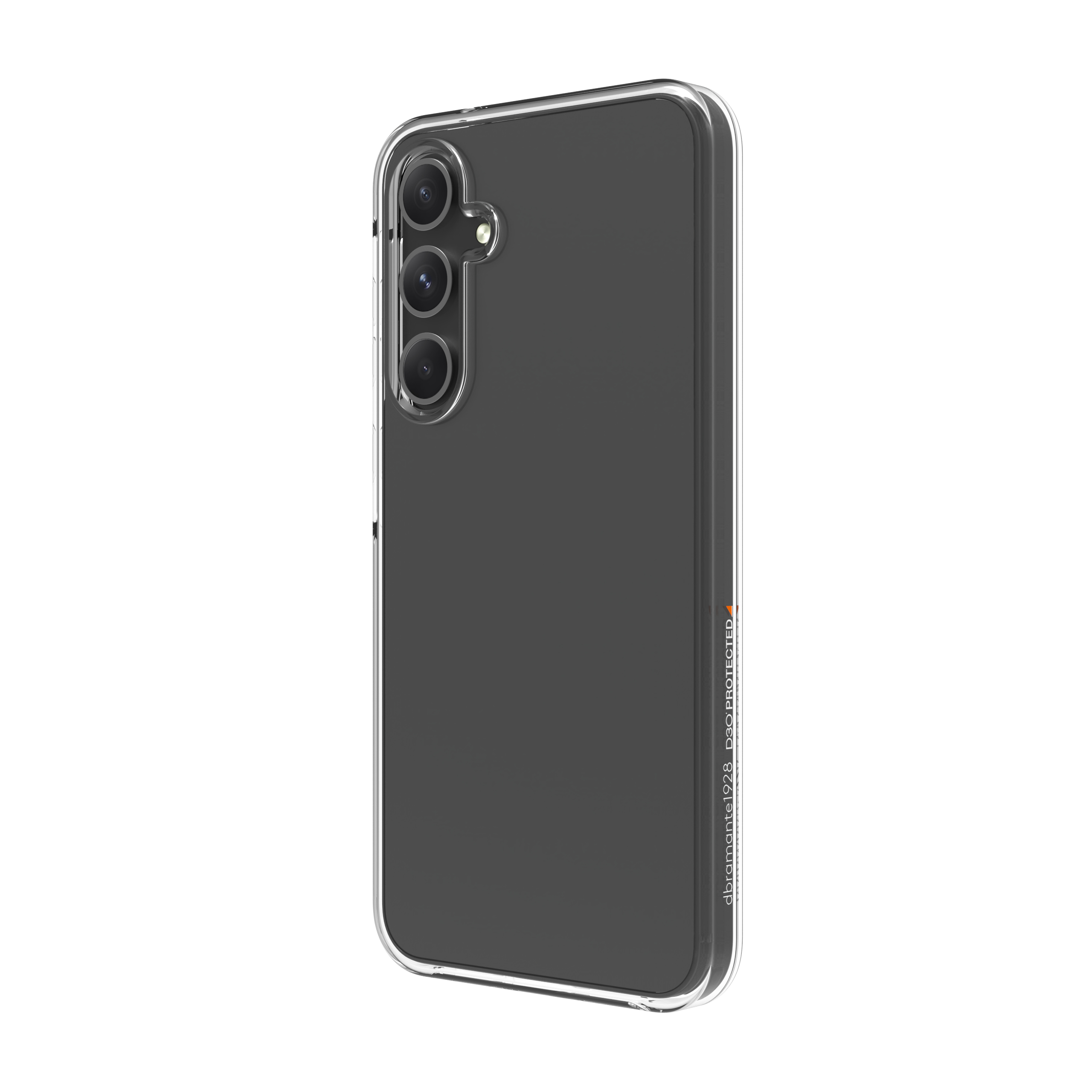 Custodia trasparente per telefono, vista posteriore, su una superficie bianca. Mostra fotocamera e contorno del telefono.