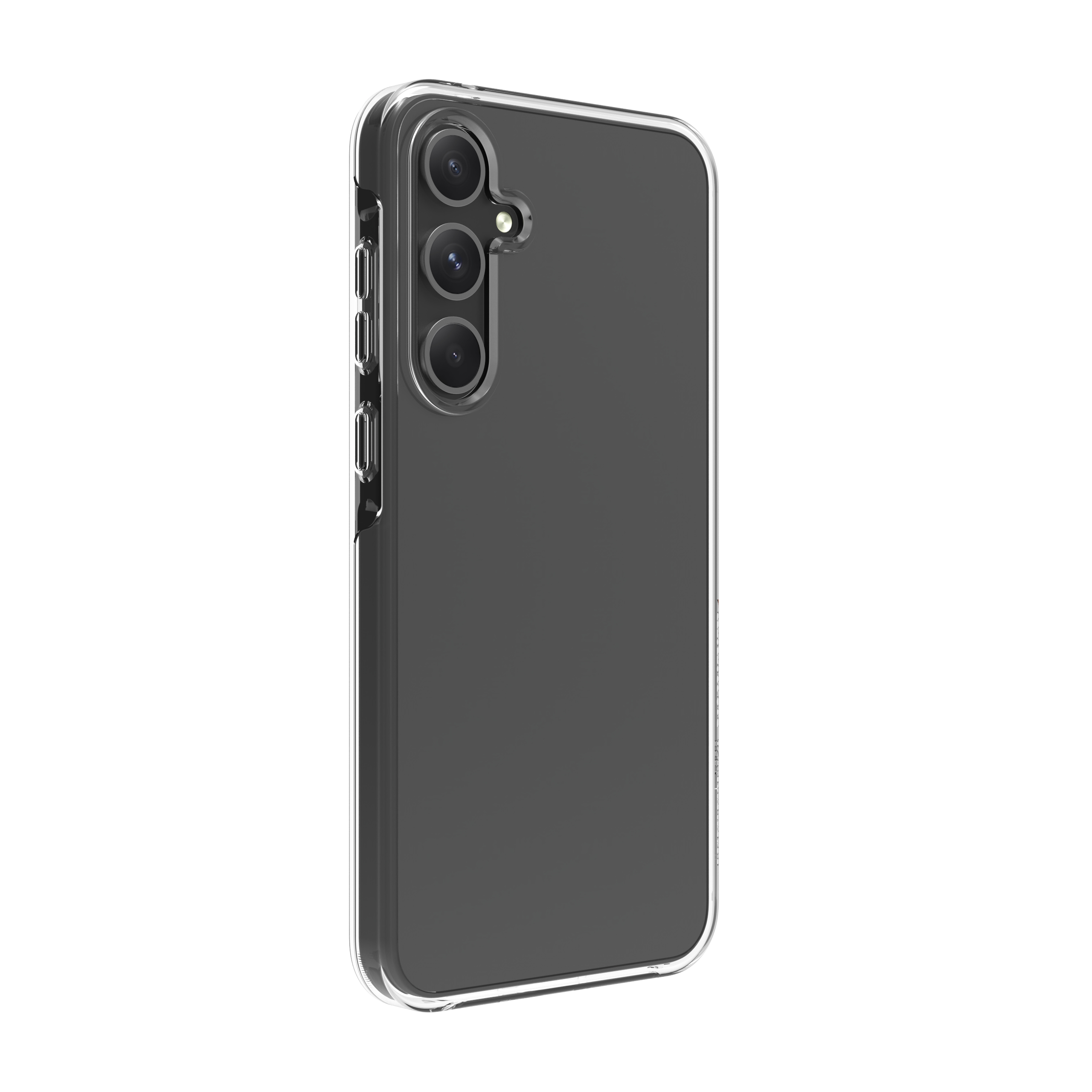 Smartphone in una custodia trasparente, che mostra il design posteriore e le lenti della fotocamera. Sfondo bianco.