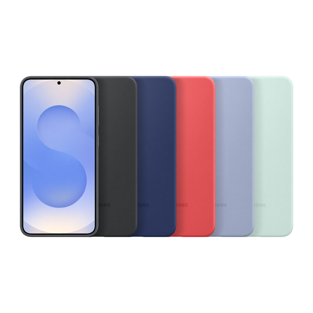 Una fila de fundas de teléfono de colores y un teléfono con pantalla azul.