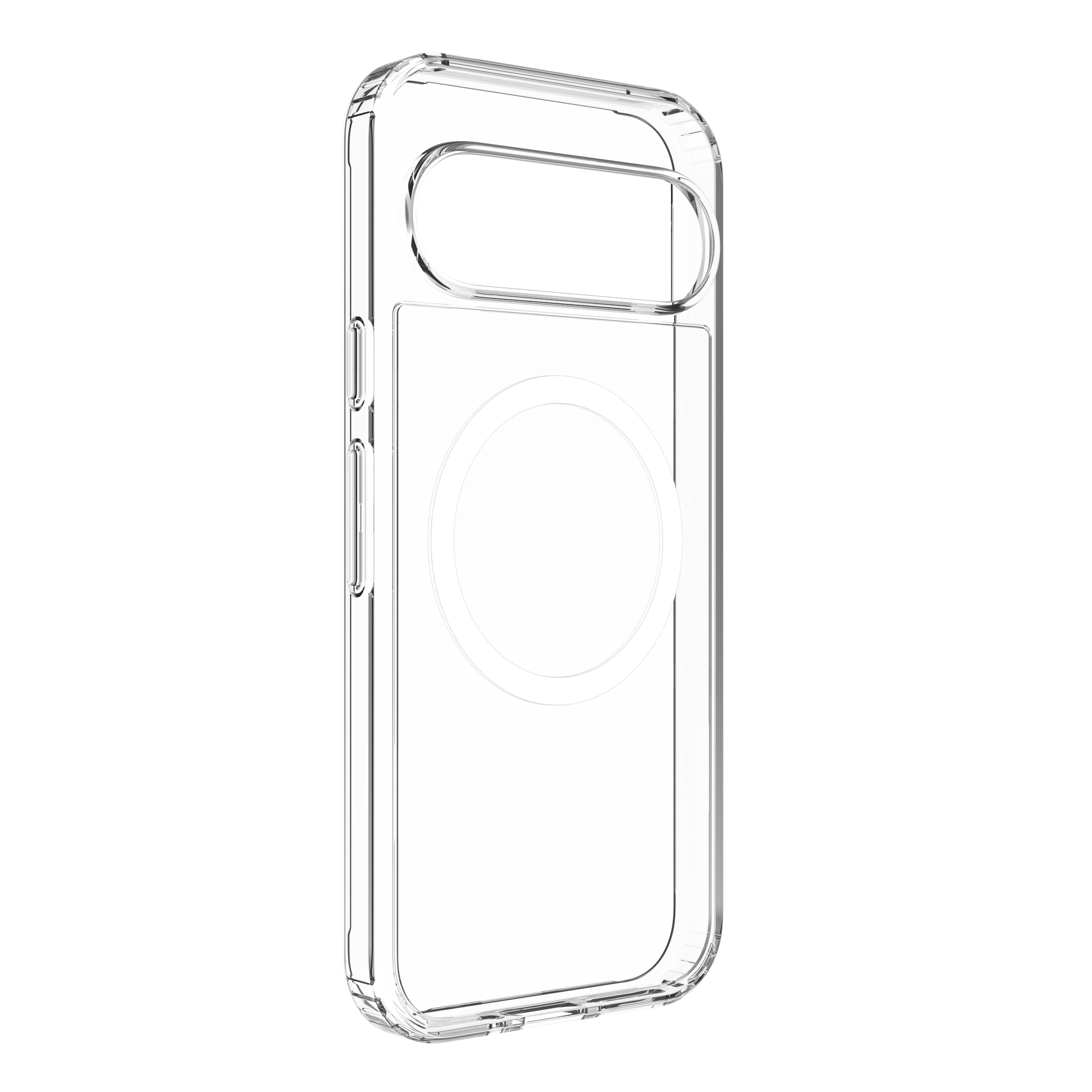 Custodia trasparente per telefono con design circolare sul retro.
