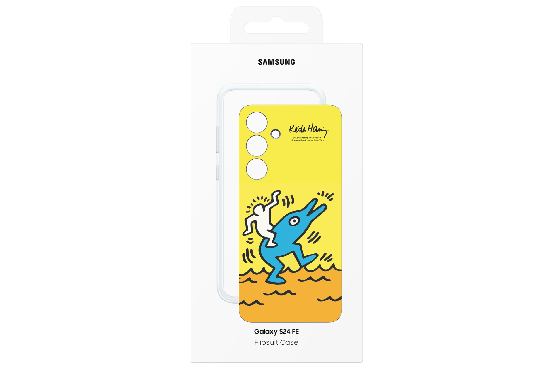 Custodia per telefono con arte. Sfondo giallo, figura blu che cavalca un delfino. Scatola Samsung.