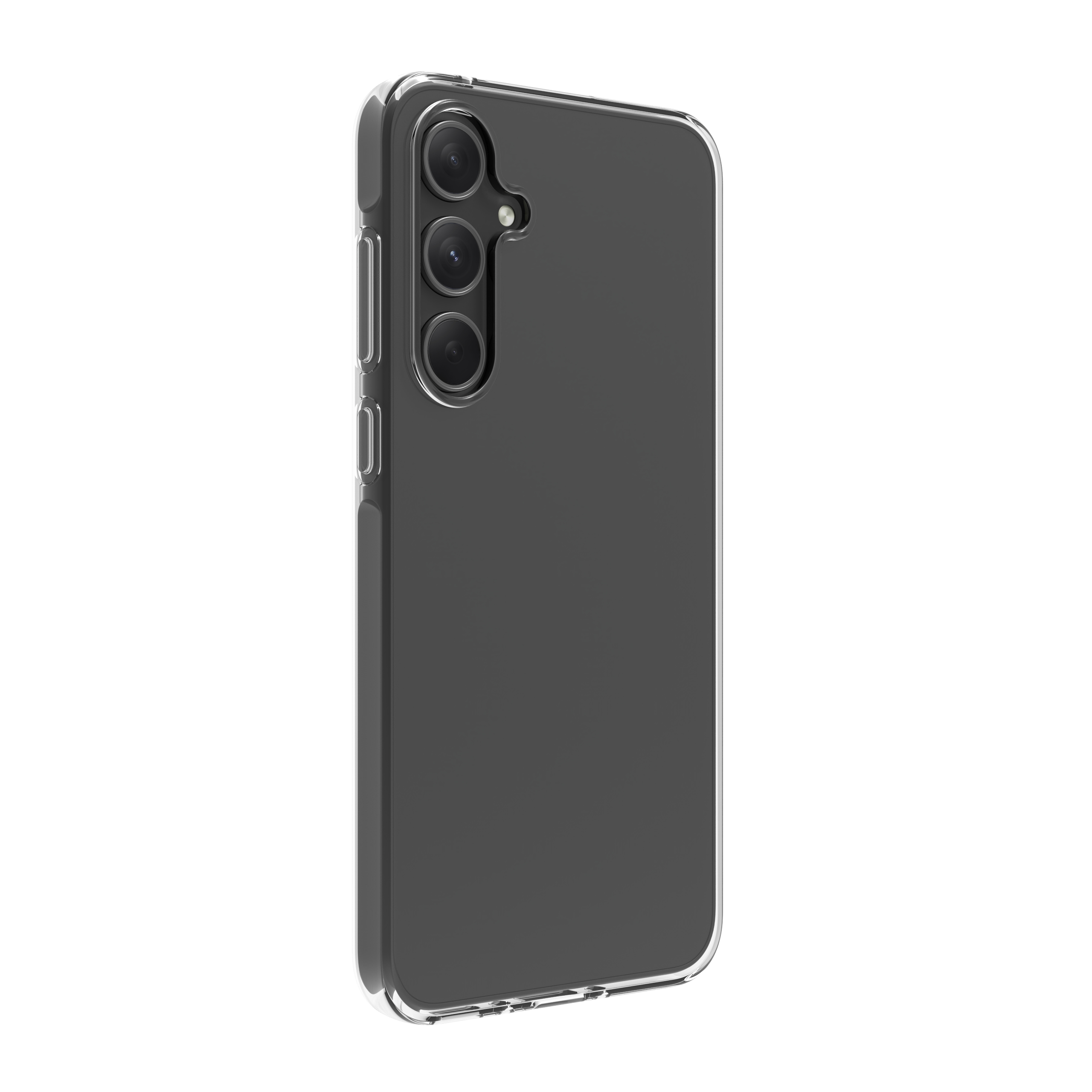 Custodia trasparente per telefono su un telefono nero, tre fotocamere, sfondo bianco, che mostra il retro del telefono.