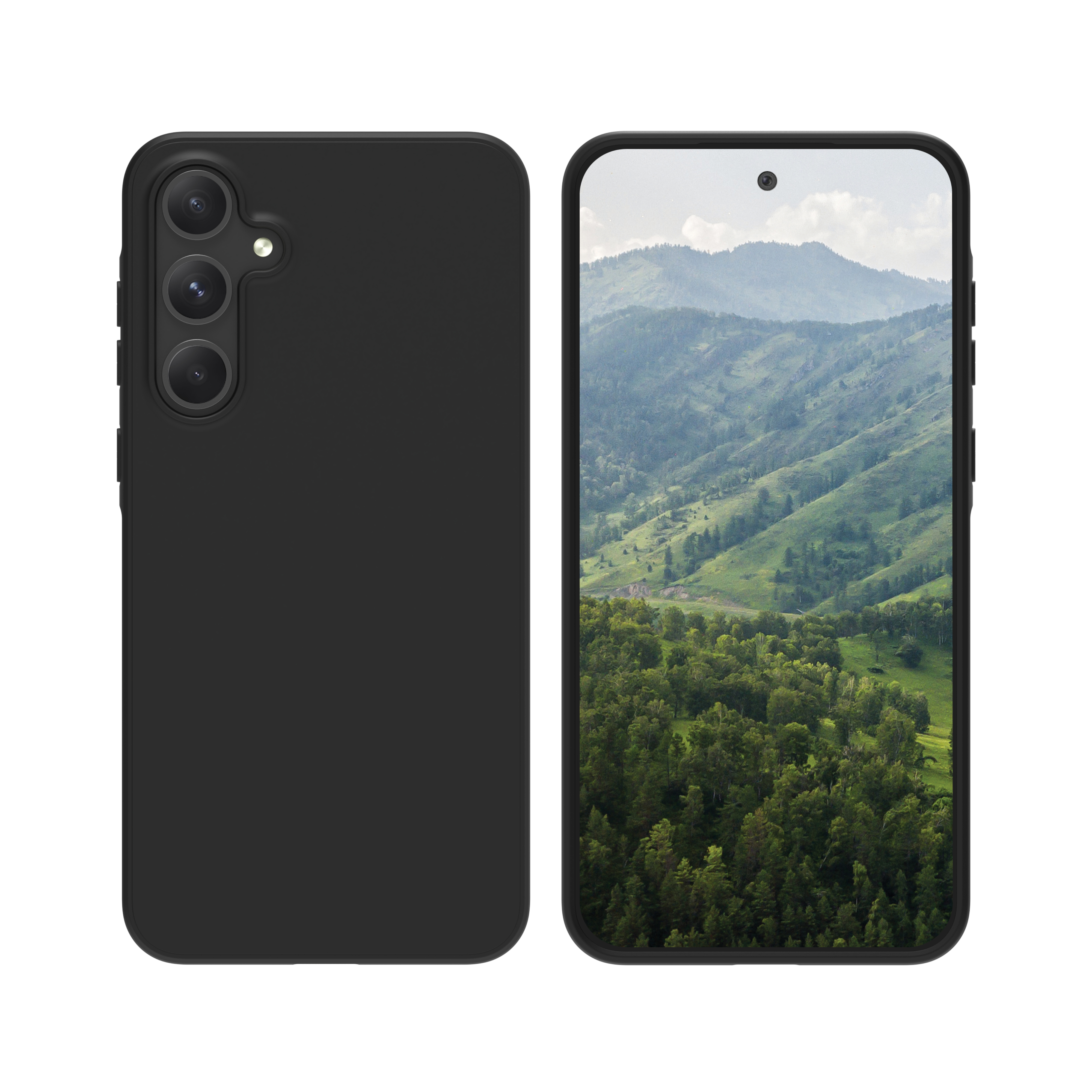 Custodia per telefono nera, con un telefono a destra. Il telefono mostra una scena paesaggistica.