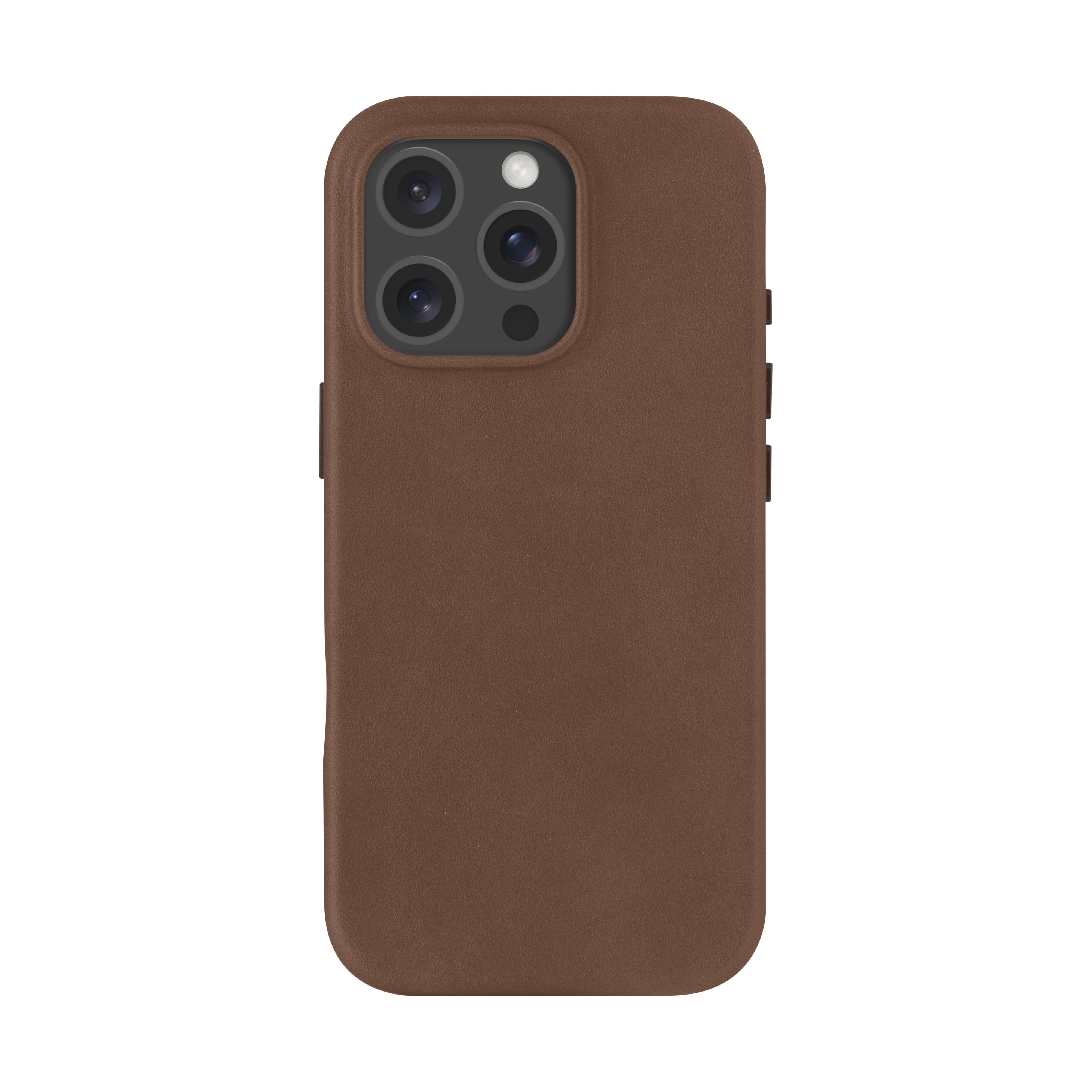 Una custodia per telefono con una texture in pelle marrone. Il telefono ha un rigonfiamento della fotocamera.